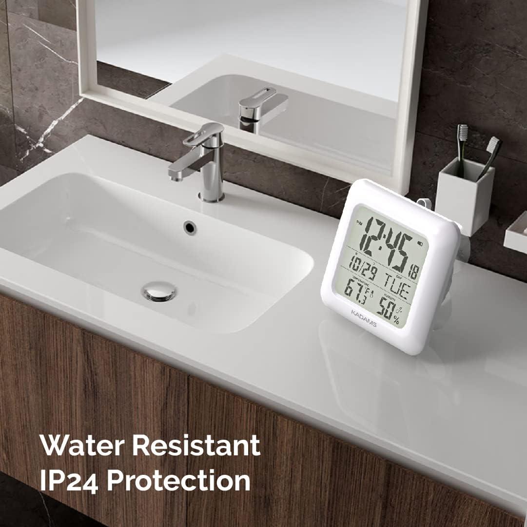 image:imageKADAMS Bathroom Clock 95 Kitchen Wall Clock with Large LCD Screen Shower Clock with Suction CupTemperature Humidity Calendar WaterResistant 4 Mounting Options SilverWhite