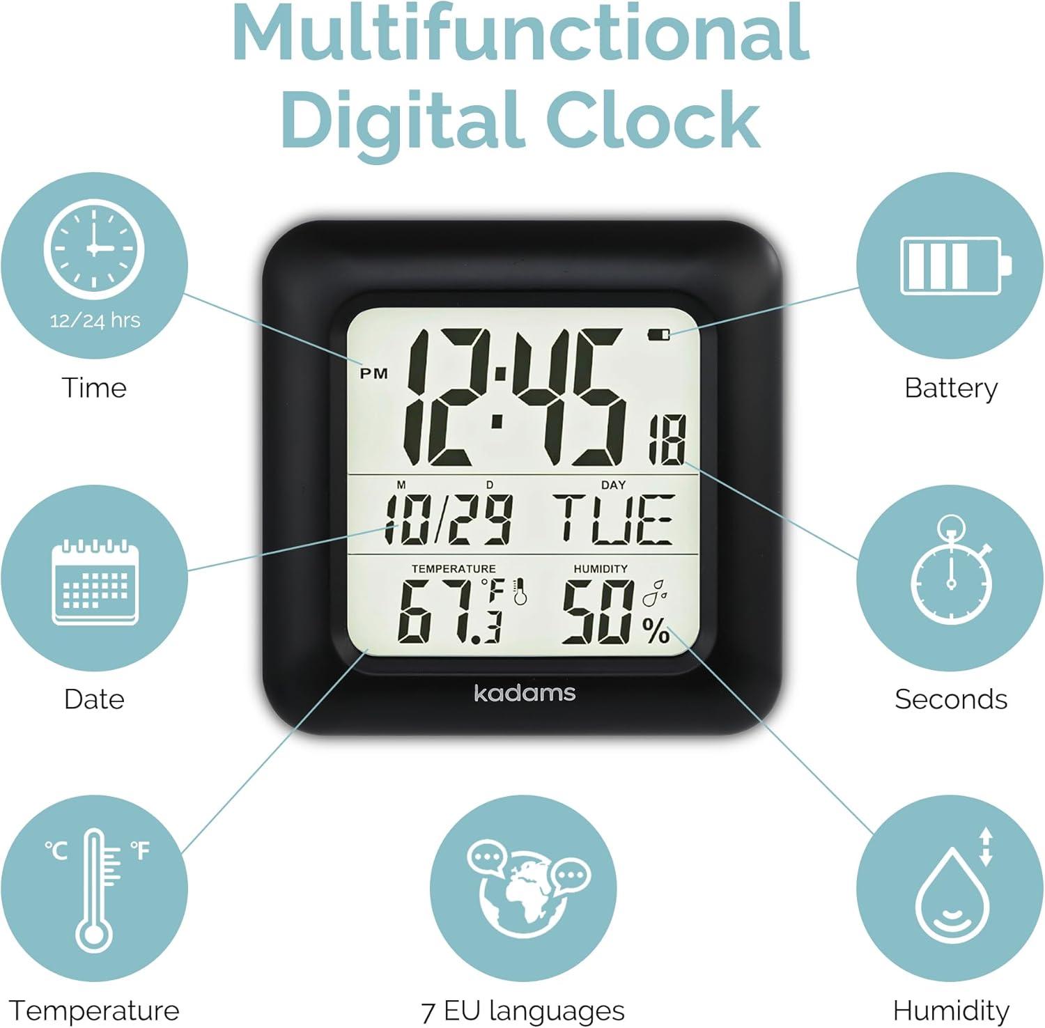 image:imageKADAMS Bathroom Clock 95 Kitchen Wall Clock with Large LCD Screen Shower Clock with Suction CupTemperature Humidity Calendar WaterResistant 4 Mounting Options SilverBlack