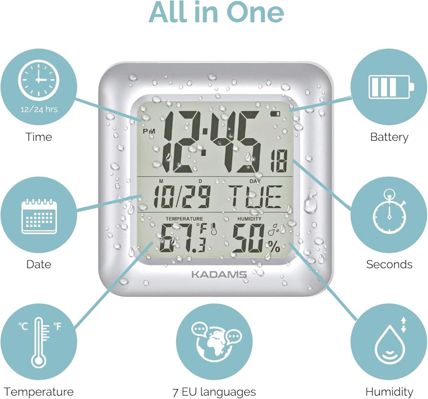 image:imageKADAMS Bathroom Clock 95 Kitchen Wall Clock with Large LCD Screen Shower Clock with Suction CupTemperature Humidity Calendar WaterResistant 4 Mounting Options SilverSilver