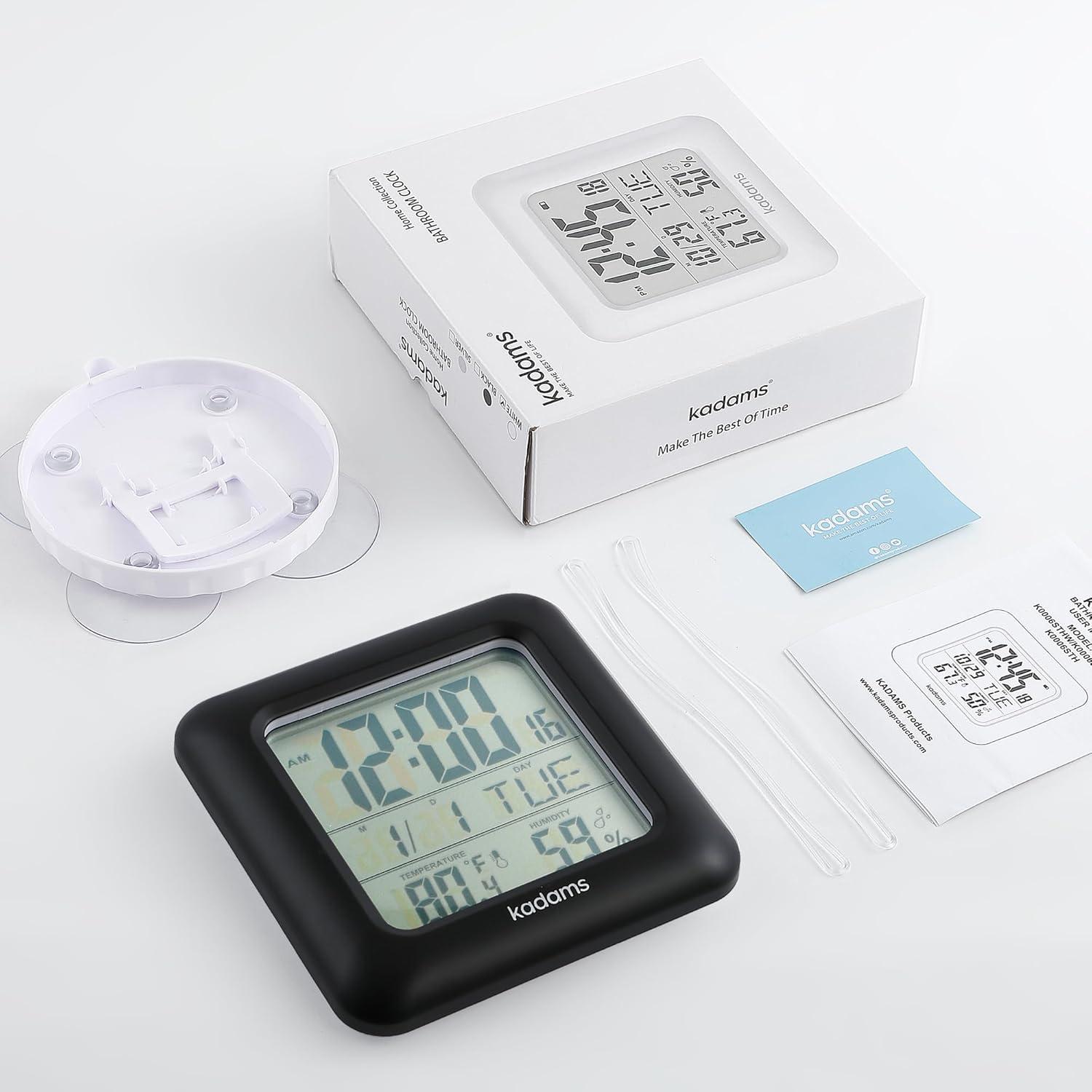 image:imageKADAMS Bathroom Clock 95 Kitchen Wall Clock with Large LCD Screen Shower Clock with Suction CupTemperature Humidity Calendar WaterResistant 4 Mounting Options SilverBlack