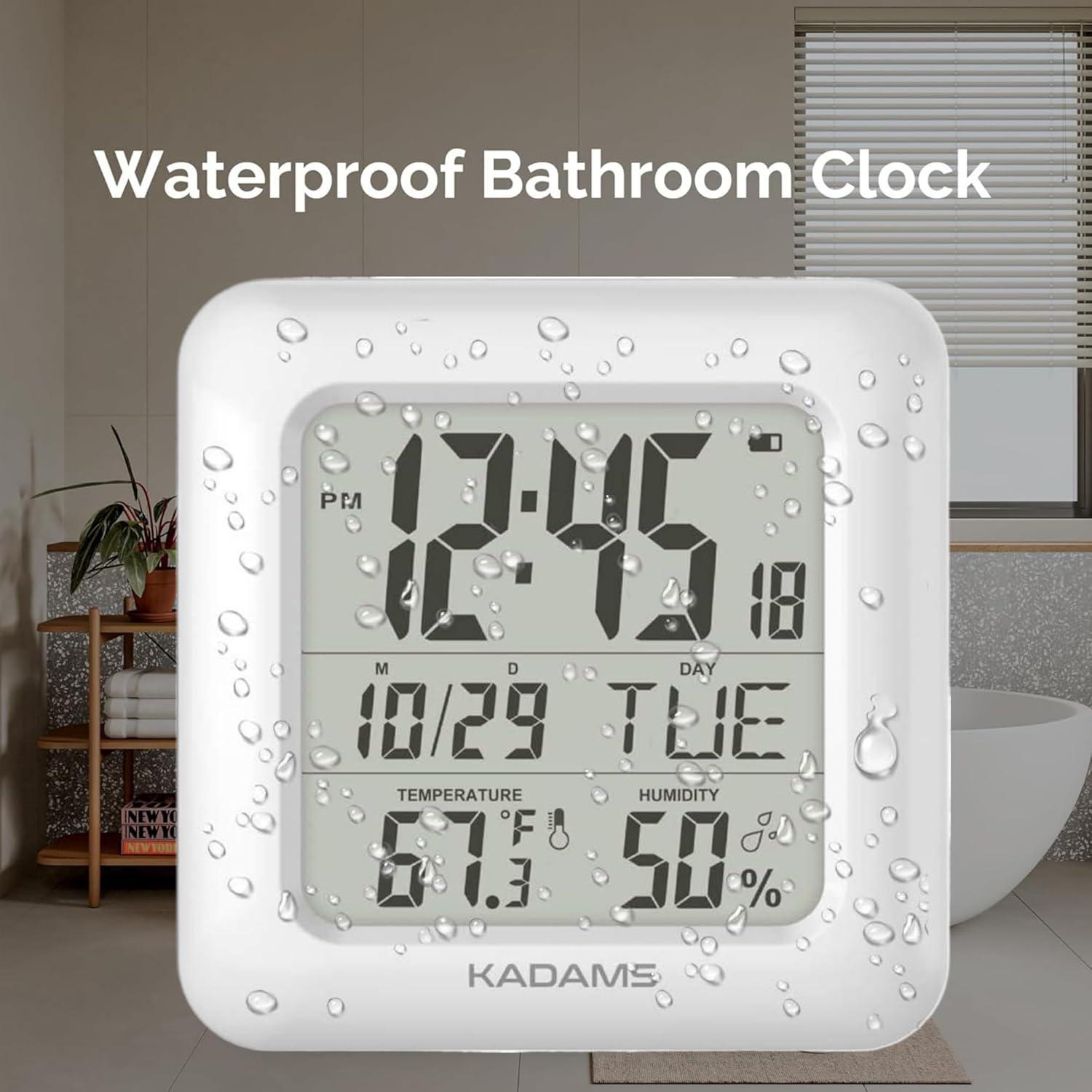 image:imageKADAMS Bathroom Clock 95 Kitchen Wall Clock with Large LCD Screen Shower Clock with Suction CupTemperature Humidity Calendar WaterResistant 4 Mounting Options SilverWhite