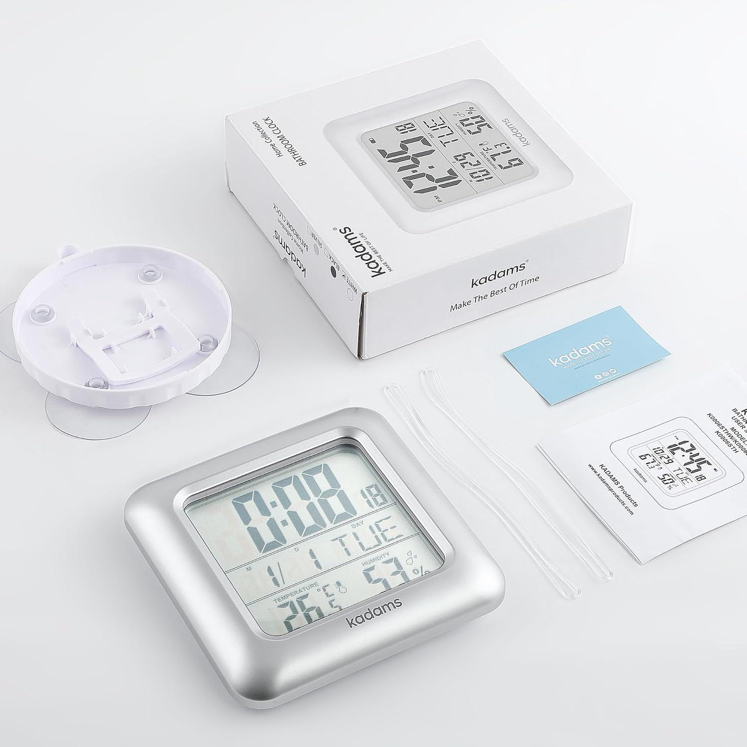 image:imageKADAMS Bathroom Clock 95 Kitchen Wall Clock with Large LCD Screen Shower Clock with Suction CupTemperature Humidity Calendar WaterResistant 4 Mounting Options SilverSilver