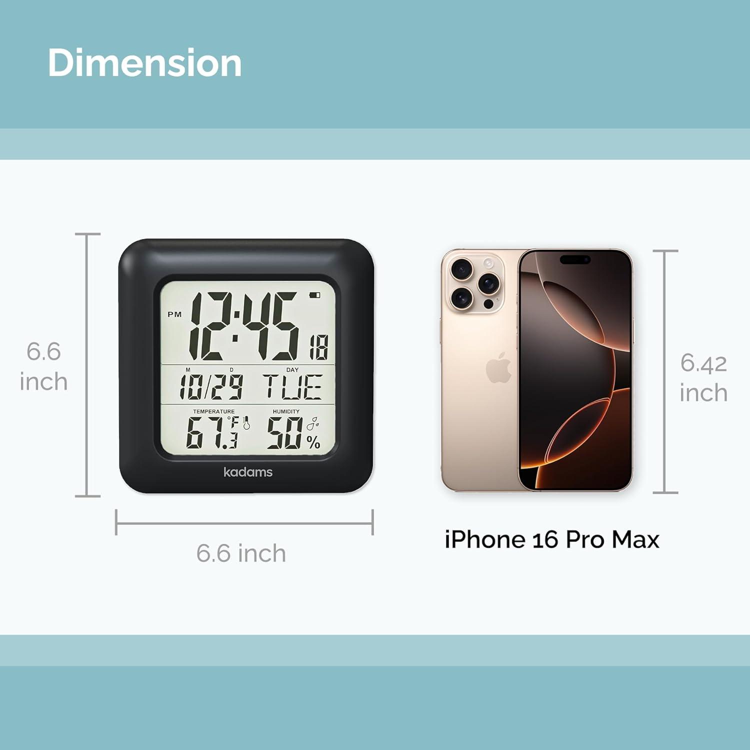 image:imageKADAMS Bathroom Clock 95 Kitchen Wall Clock with Large LCD Screen Shower Clock with Suction CupTemperature Humidity Calendar WaterResistant 4 Mounting Options SilverBlack