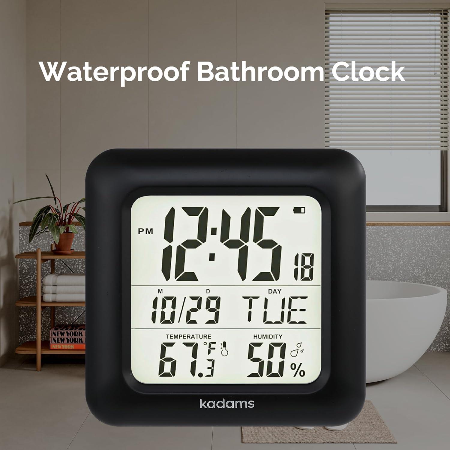 image:imageKADAMS Bathroom Clock 95 Kitchen Wall Clock with Large LCD Screen Shower Clock with Suction CupTemperature Humidity Calendar WaterResistant 4 Mounting Options SilverBlack