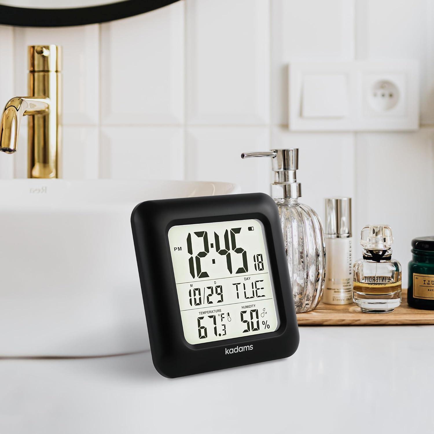 image:imageKADAMS Bathroom Clock 95 Kitchen Wall Clock with Large LCD Screen Shower Clock with Suction CupTemperature Humidity Calendar WaterResistant 4 Mounting Options SilverBlack
