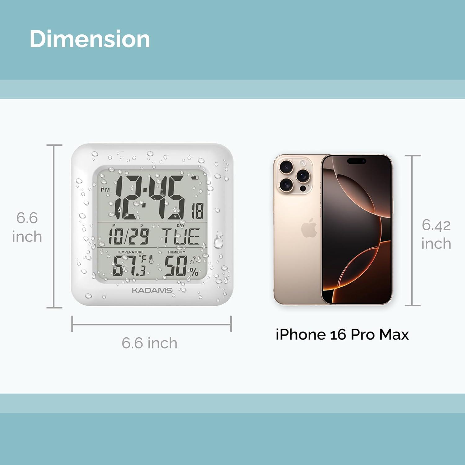 image:imageKADAMS Bathroom Clock 95 Kitchen Wall Clock with Large LCD Screen Shower Clock with Suction CupTemperature Humidity Calendar WaterResistant 4 Mounting Options SilverWhite