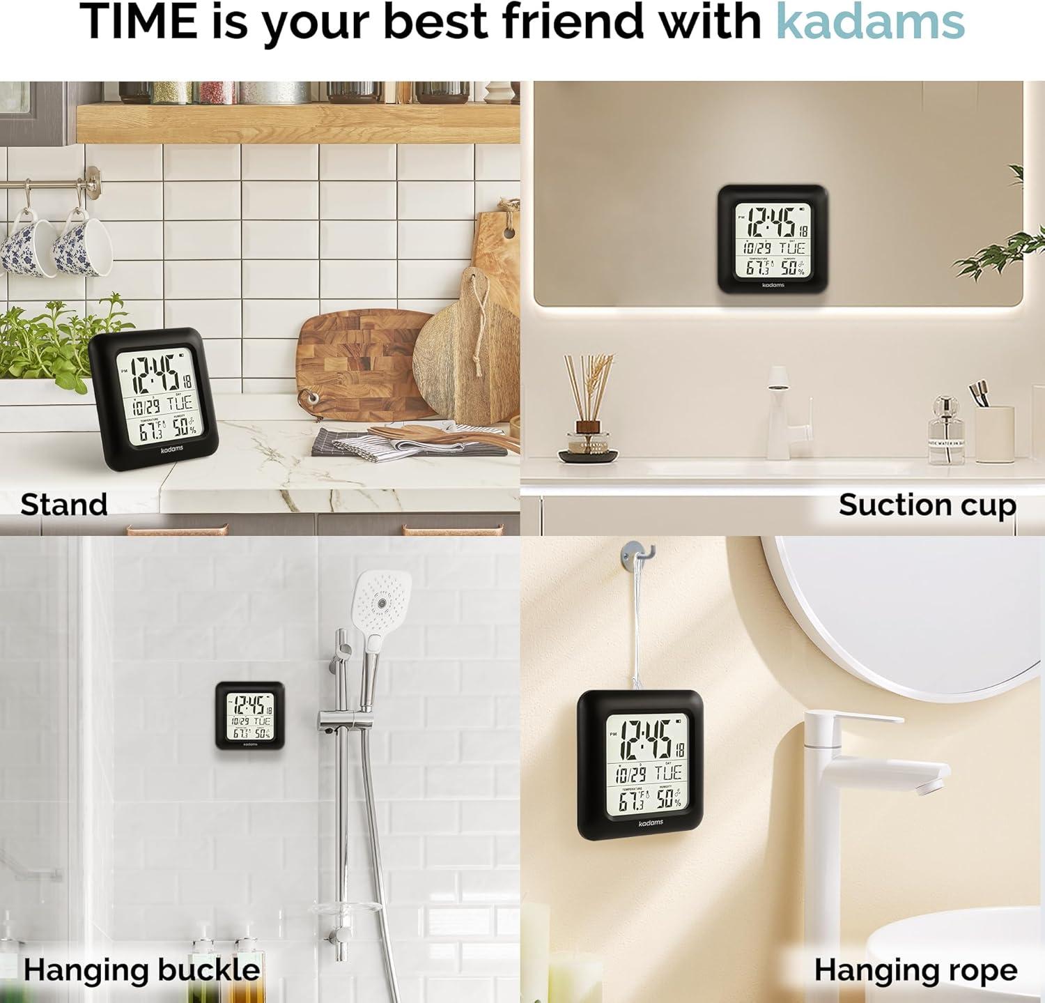 image:imageKADAMS Bathroom Clock 95 Kitchen Wall Clock with Large LCD Screen Shower Clock with Suction CupTemperature Humidity Calendar WaterResistant 4 Mounting Options SilverBlack