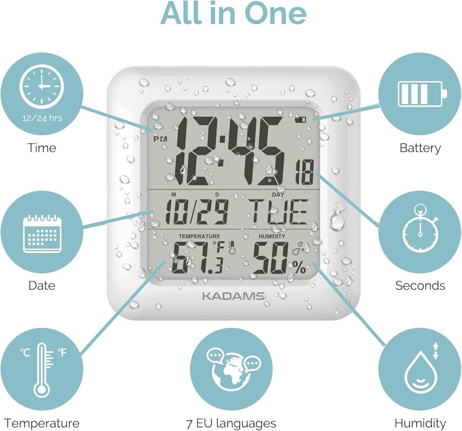 image:imageKADAMS Bathroom Clock 95 Kitchen Wall Clock with Large LCD Screen Shower Clock with Suction CupTemperature Humidity Calendar WaterResistant 4 Mounting Options SilverWhite