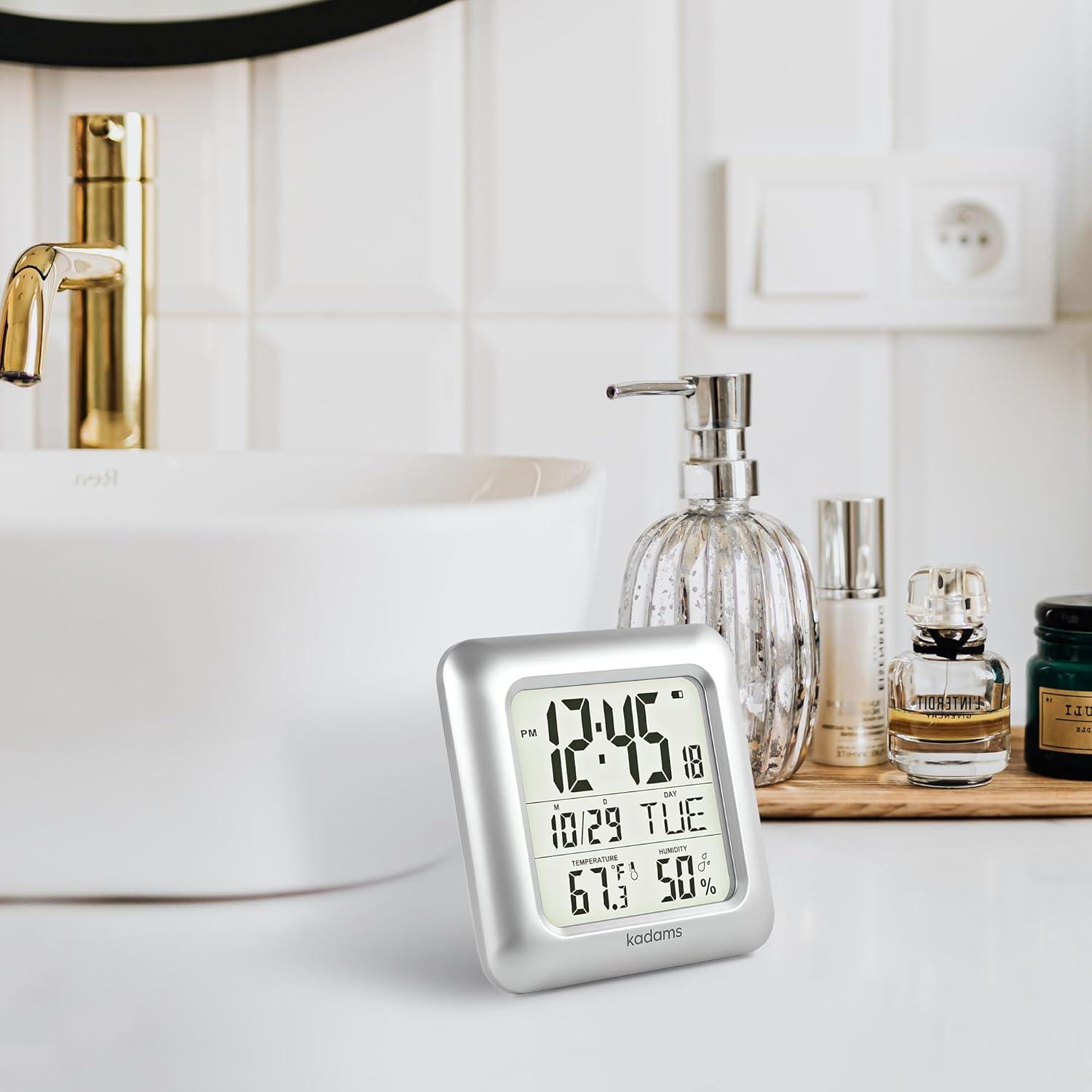 image:imageKADAMS Bathroom Clock 95 Kitchen Wall Clock with Large LCD Screen Shower Clock with Suction CupTemperature Humidity Calendar WaterResistant 4 Mounting Options SilverSilver