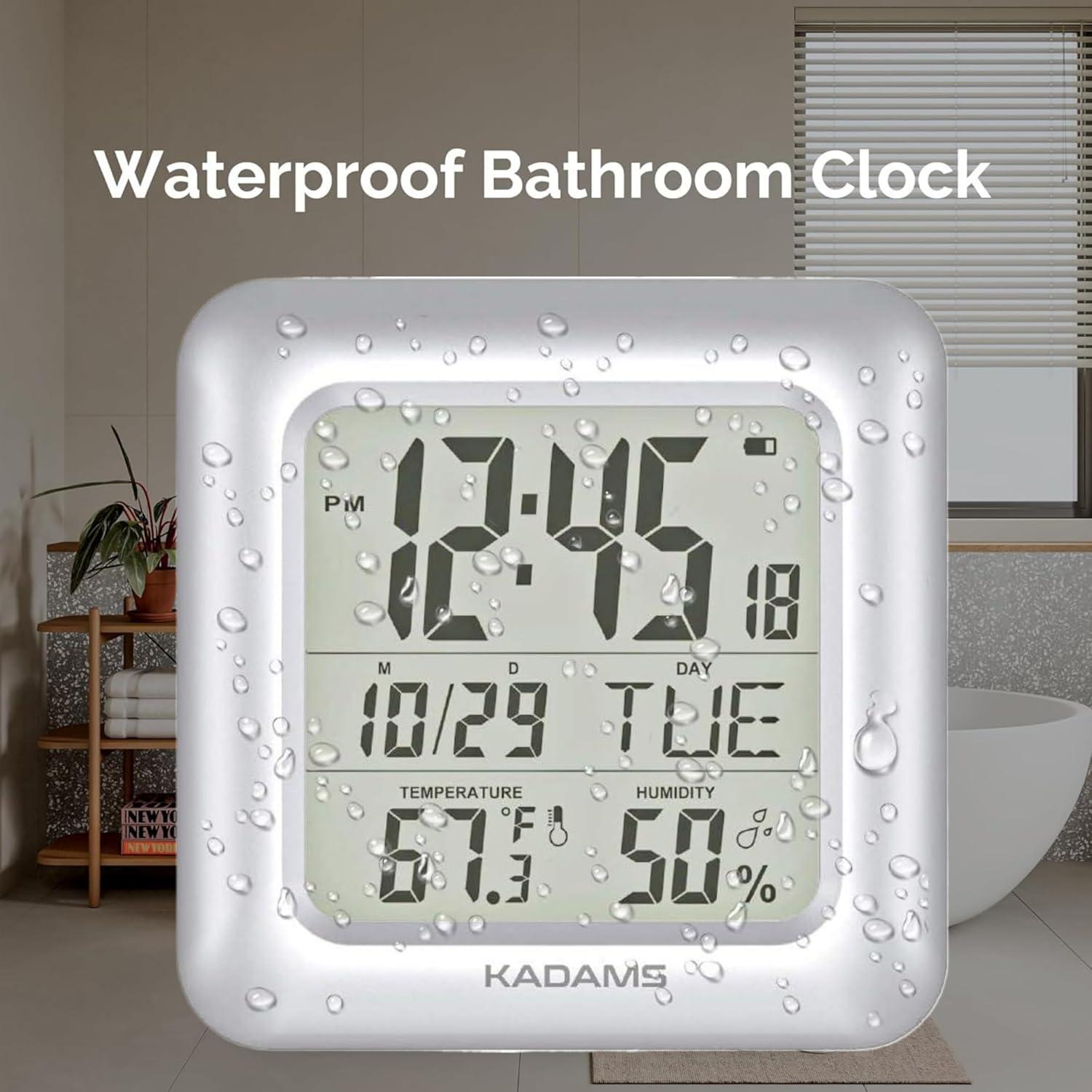 image:imageKADAMS Bathroom Clock 95 Kitchen Wall Clock with Large LCD Screen Shower Clock with Suction CupTemperature Humidity Calendar WaterResistant 4 Mounting Options SilverSilver