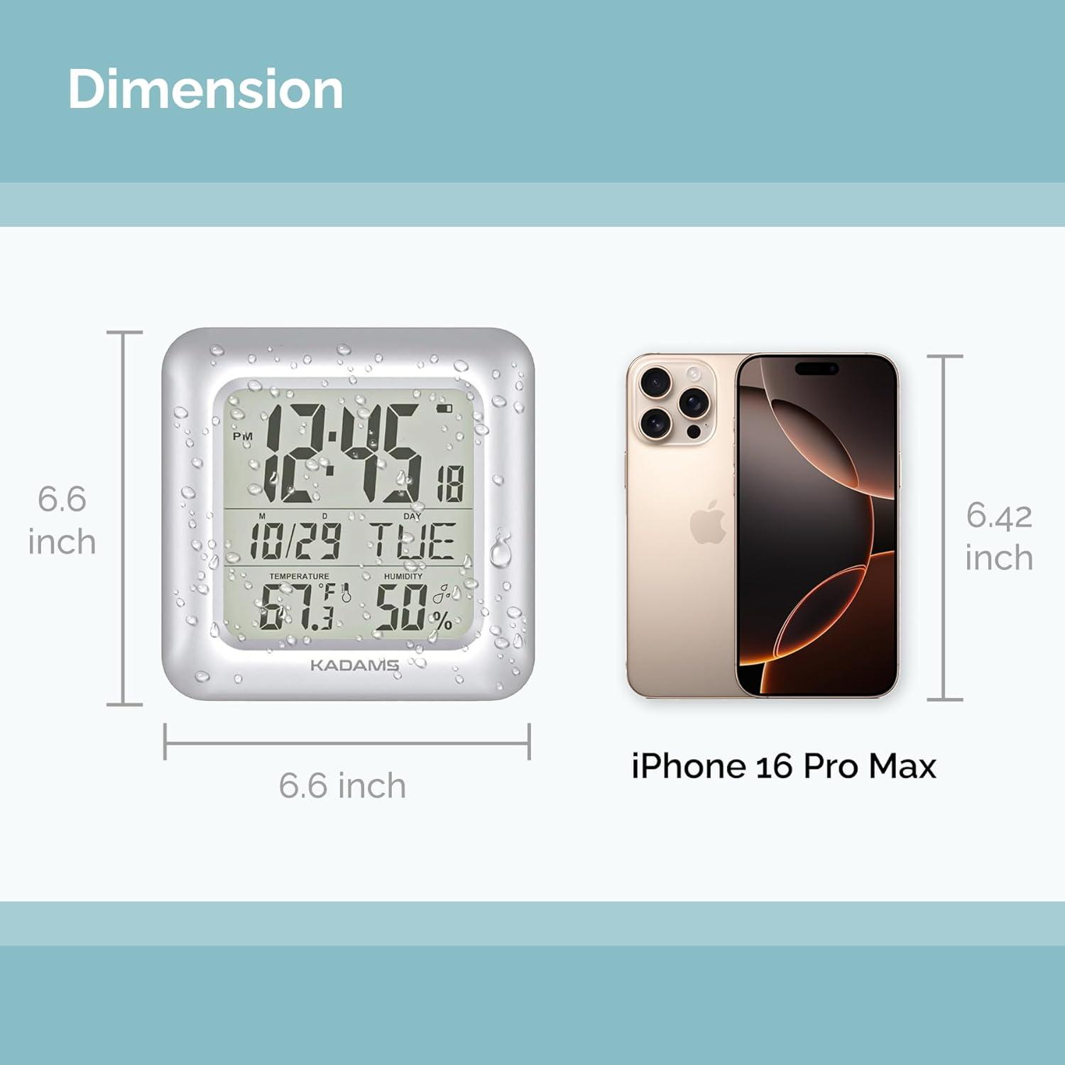 image:imageKADAMS Bathroom Clock 95 Kitchen Wall Clock with Large LCD Screen Shower Clock with Suction CupTemperature Humidity Calendar WaterResistant 4 Mounting Options SilverSilver