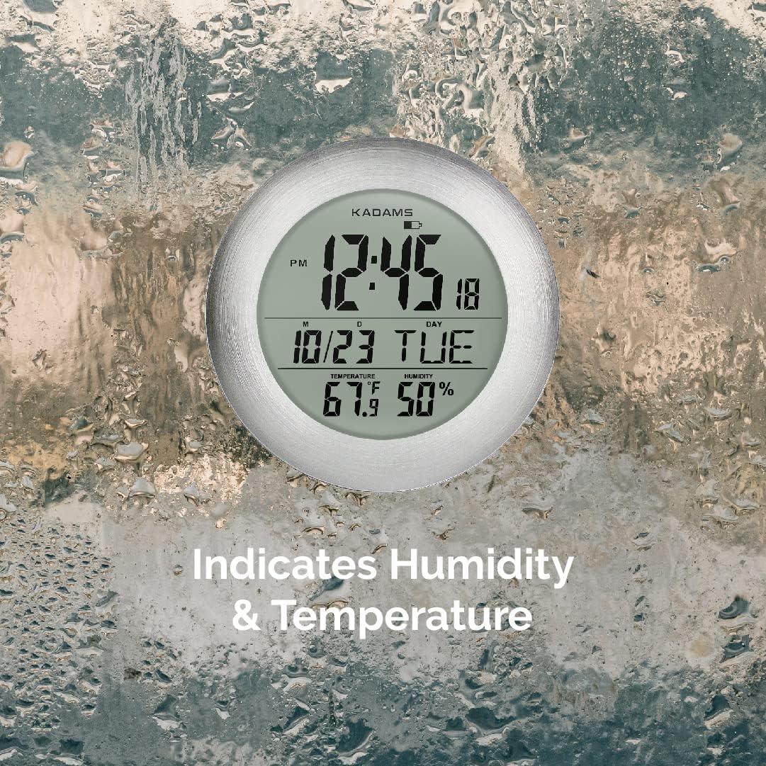 image:imageKADAMS Bathroom Shower Digital Wall Clock 95 Kitchen Clock Calendar Water Resistant Large LCD Screen Temperature amp Humidity Display Thoughtful Gift for All Ages Silver