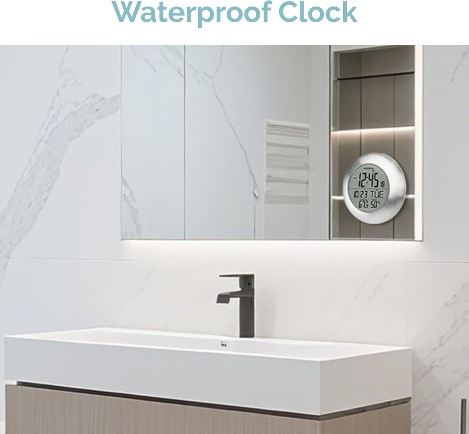 image:imageKADAMS Bathroom Shower Digital Wall Clock 95 Kitchen Clock Calendar Water Resistant Large LCD Screen Temperature amp Humidity Display Thoughtful Gift for All Ages Silver