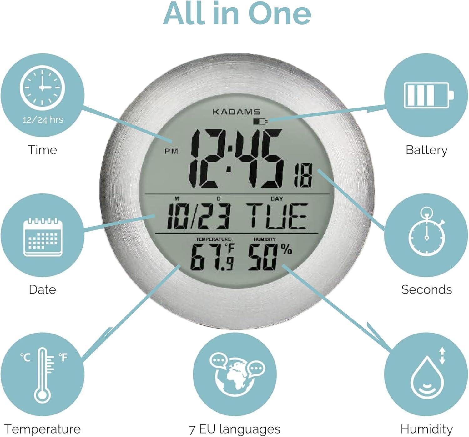 image:imageKADAMS Bathroom Shower Digital Wall Clock 95 Kitchen Clock Calendar Water Resistant Large LCD Screen Temperature amp Humidity Display Thoughtful Gift for All Ages Silver