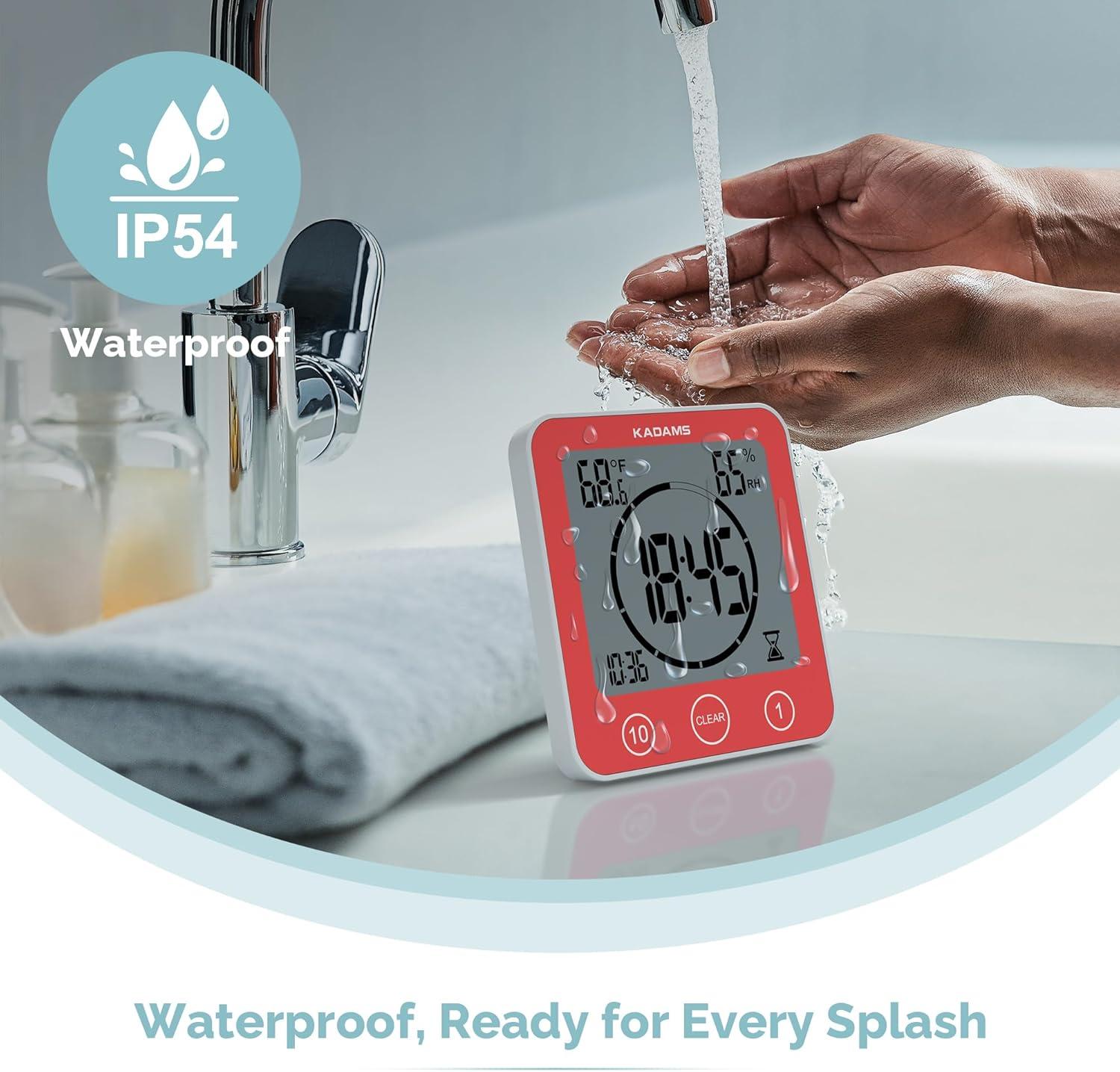 image:imageKADAMS Shower Clock Waterproof Bathroom Timer Digital Wall Clock with Countdown Magnetic Kitchen Clock with Temperature amp Humidity Suction Cup for Kids Shower Spa Cook Bath GreenRed