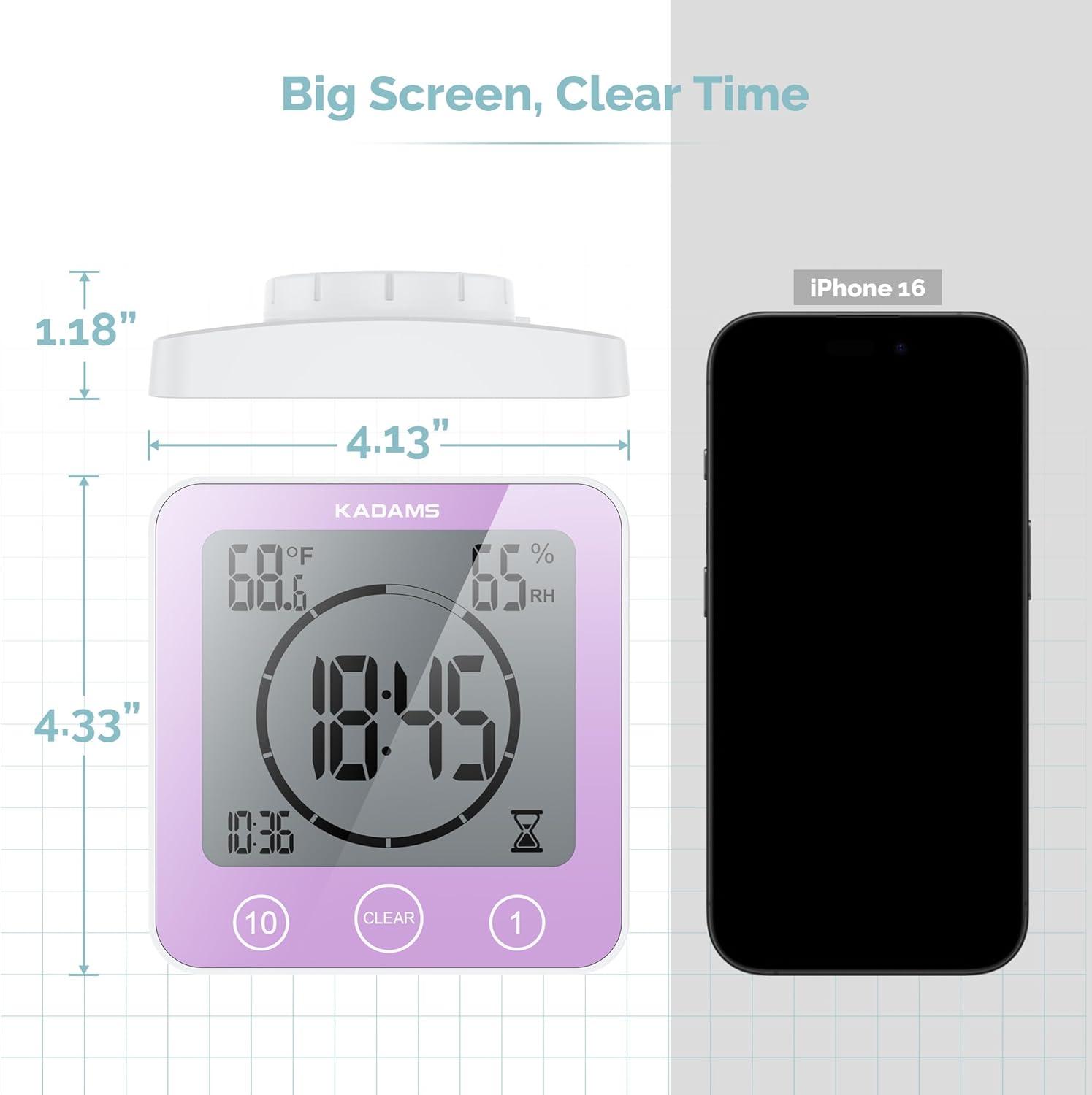 image:imageKADAMS Shower Clock Waterproof Bathroom Timer Digital Wall Clock with Countdown Magnetic Kitchen Clock with Temperature amp Humidity Suction Cup for Kids Shower Spa Cook Bath GreenPurple