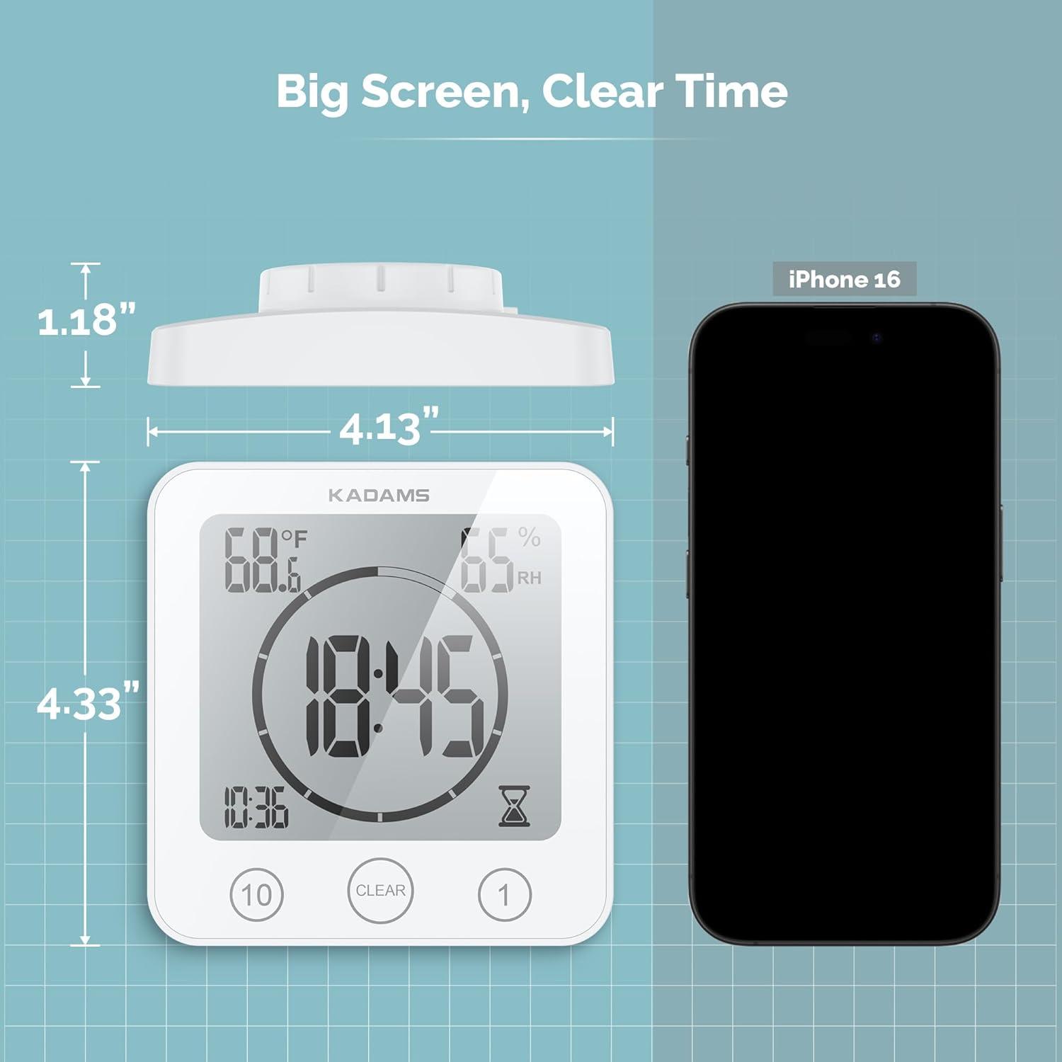 image:imageKADAMS Shower Clock Waterproof Bathroom Timer Digital Wall Clock with Countdown Magnetic Kitchen Clock with Temperature amp Humidity Suction Cup for Kids Shower Spa Cook Bath GreenWhite