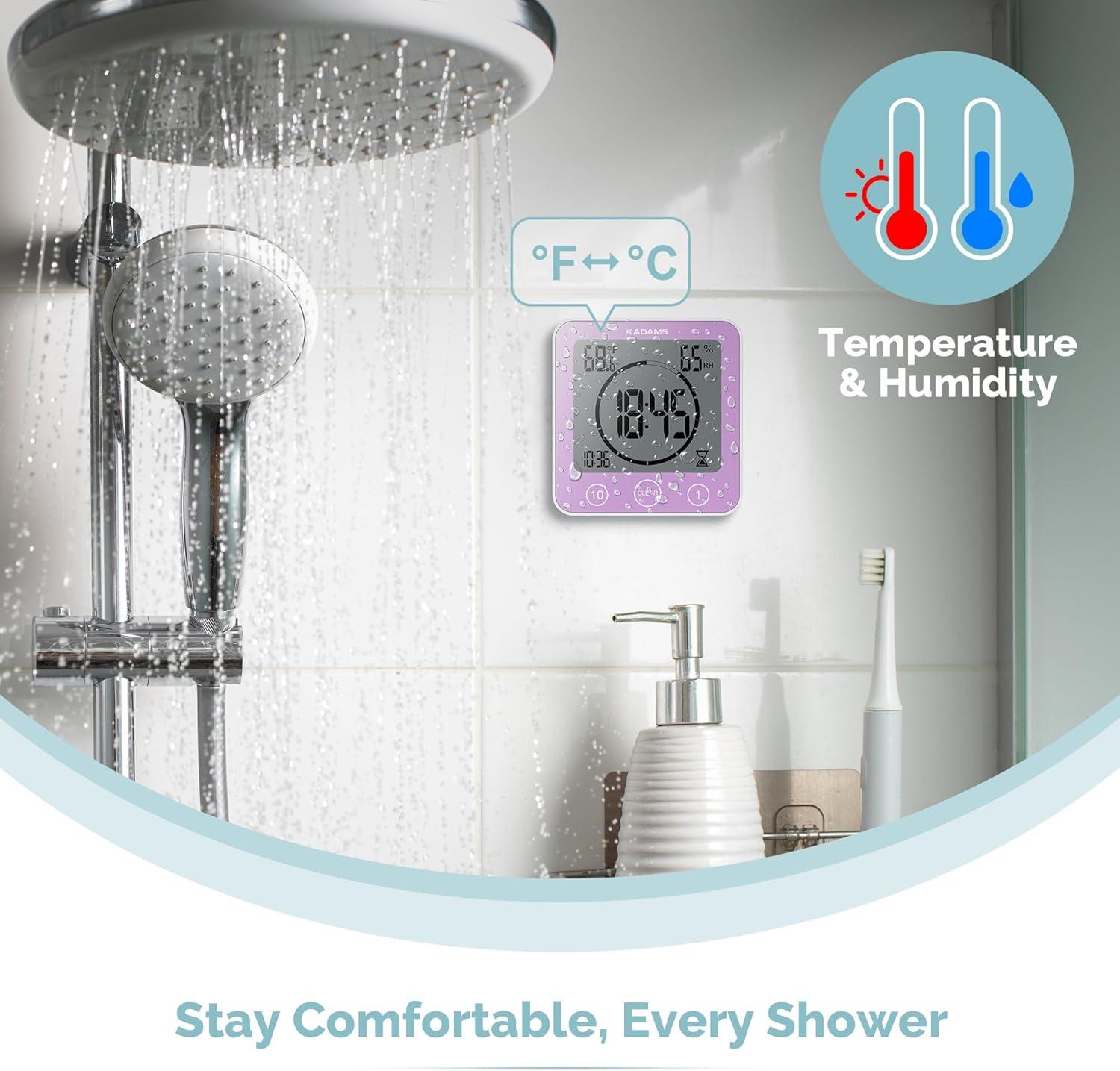 image:imageKADAMS Shower Clock Waterproof Bathroom Timer Digital Wall Clock with Countdown Magnetic Kitchen Clock with Temperature amp Humidity Suction Cup for Kids Shower Spa Cook Bath GreenPurple
