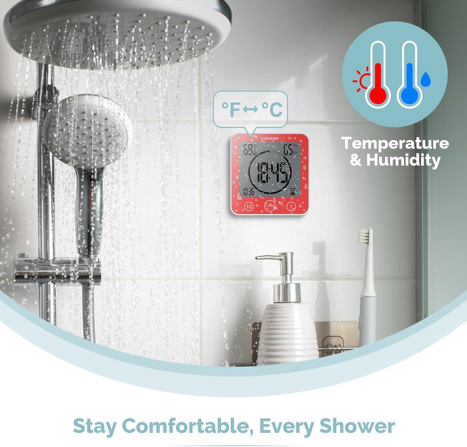 image:imageKADAMS Shower Clock Waterproof Bathroom Timer Digital Wall Clock with Countdown Magnetic Kitchen Clock with Temperature amp Humidity Suction Cup for Kids Shower Spa Cook Bath GreenRed