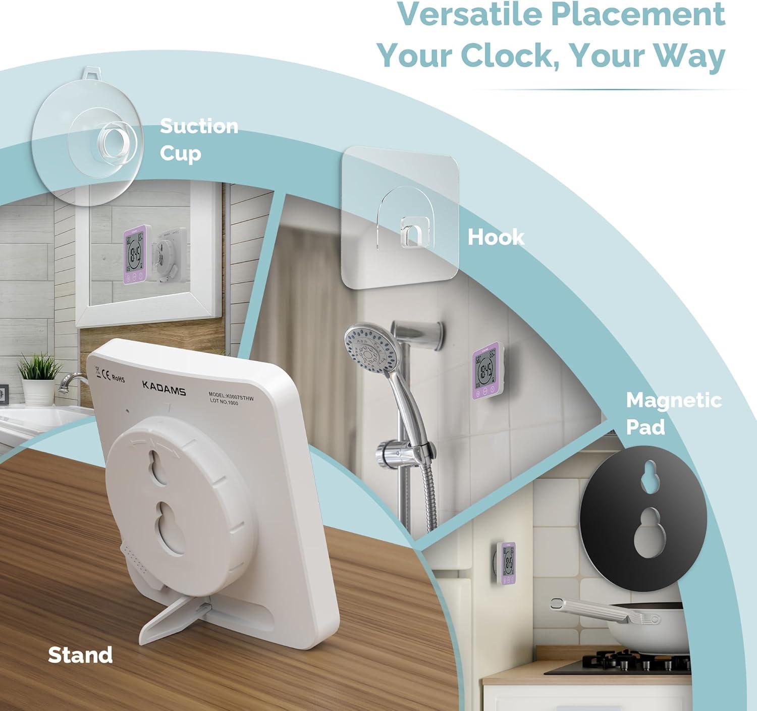 image:imageKADAMS Shower Clock Waterproof Bathroom Timer Digital Wall Clock with Countdown Magnetic Kitchen Clock with Temperature amp Humidity Suction Cup for Kids Shower Spa Cook Bath GreenPurple