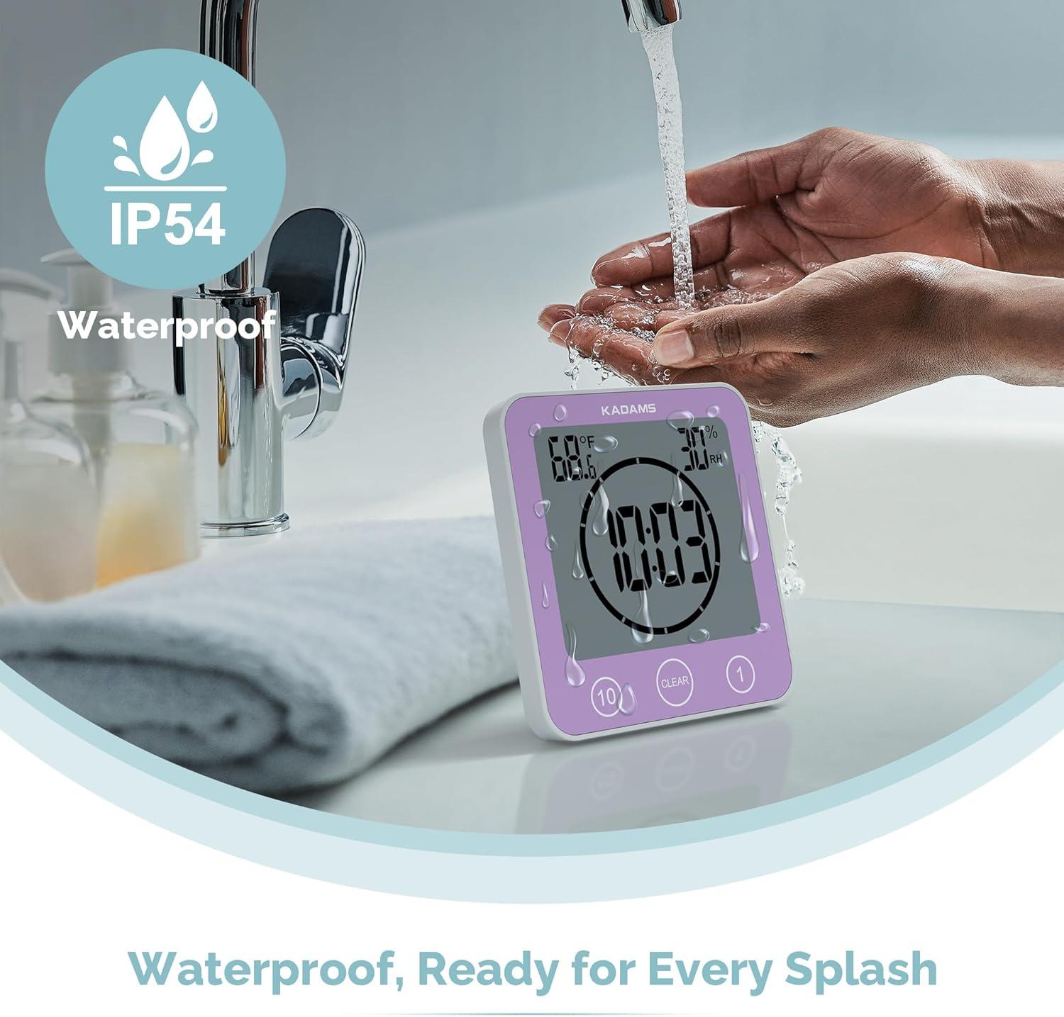image:imageKADAMS Shower Clock Waterproof Bathroom Timer Digital Wall Clock with Countdown Magnetic Kitchen Clock with Temperature amp Humidity Suction Cup for Kids Shower Spa Cook Bath GreenPurple
