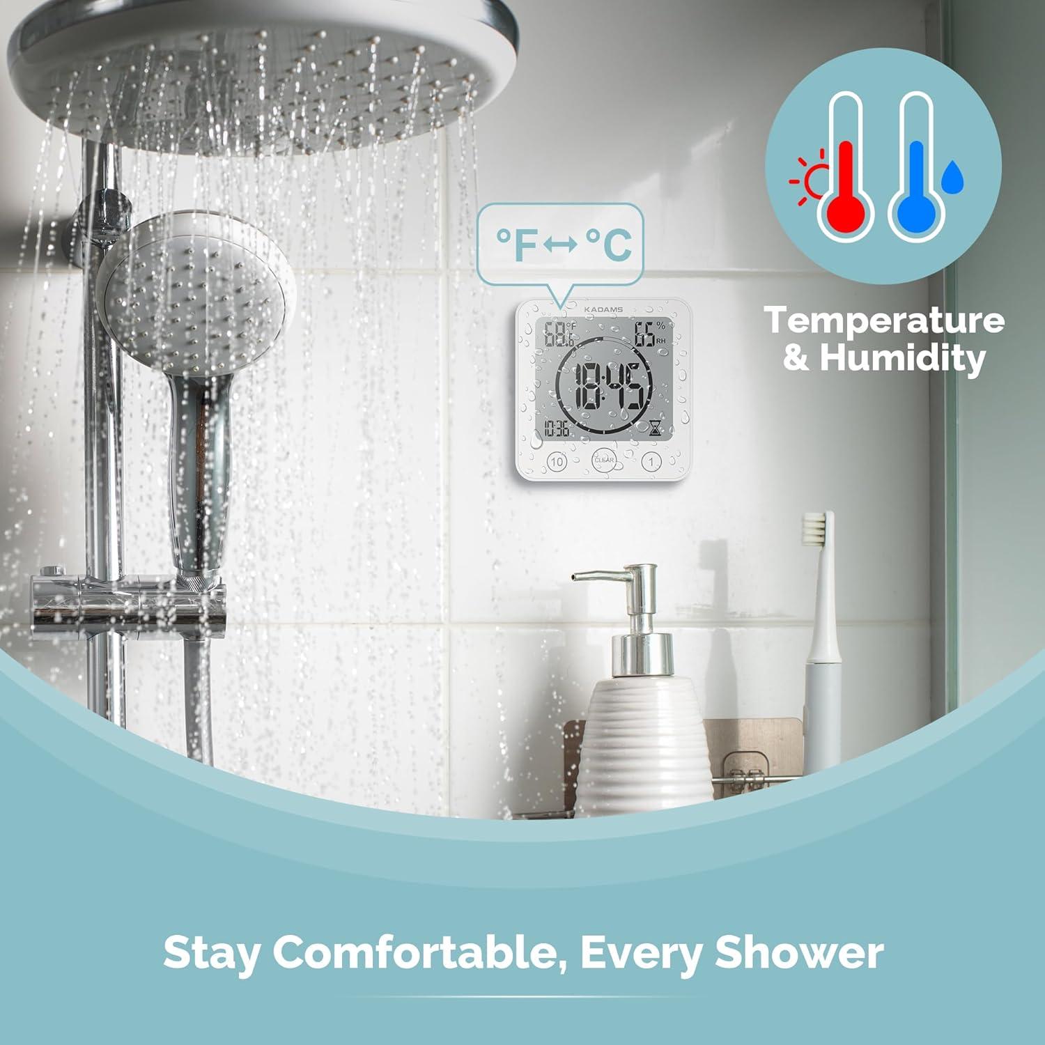 image:imageKADAMS Shower Clock Waterproof Bathroom Timer Digital Wall Clock with Countdown Magnetic Kitchen Clock with Temperature amp Humidity Suction Cup for Kids Shower Spa Cook Bath GreenWhite
