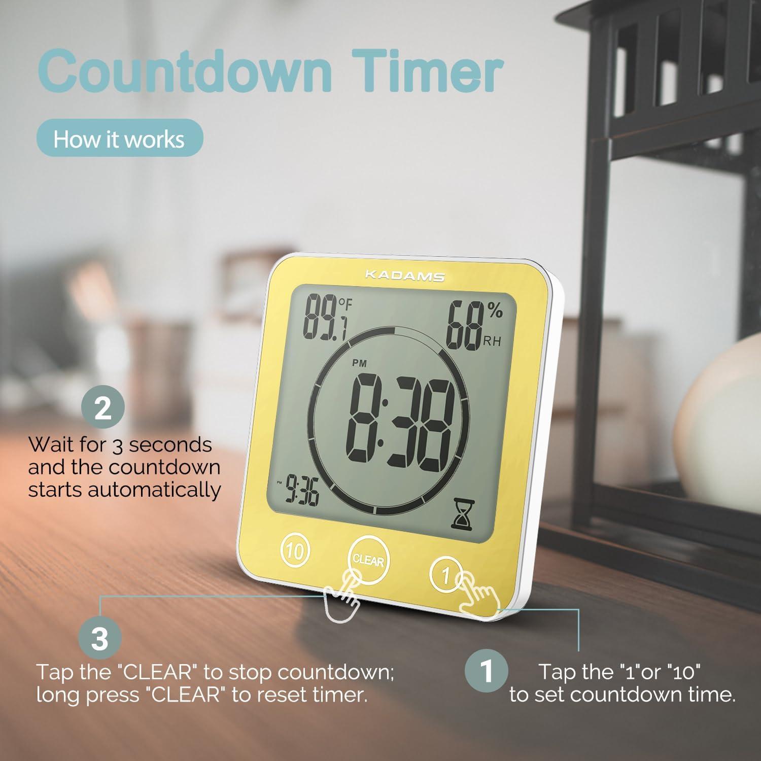 image:imageKADAMS Shower Clock Waterproof Bathroom Timer Digital Wall Clock with Countdown Magnetic Kitchen Clock with Temperature amp Humidity Suction Cup for Kids Shower Spa Cook Bath GreenYellow