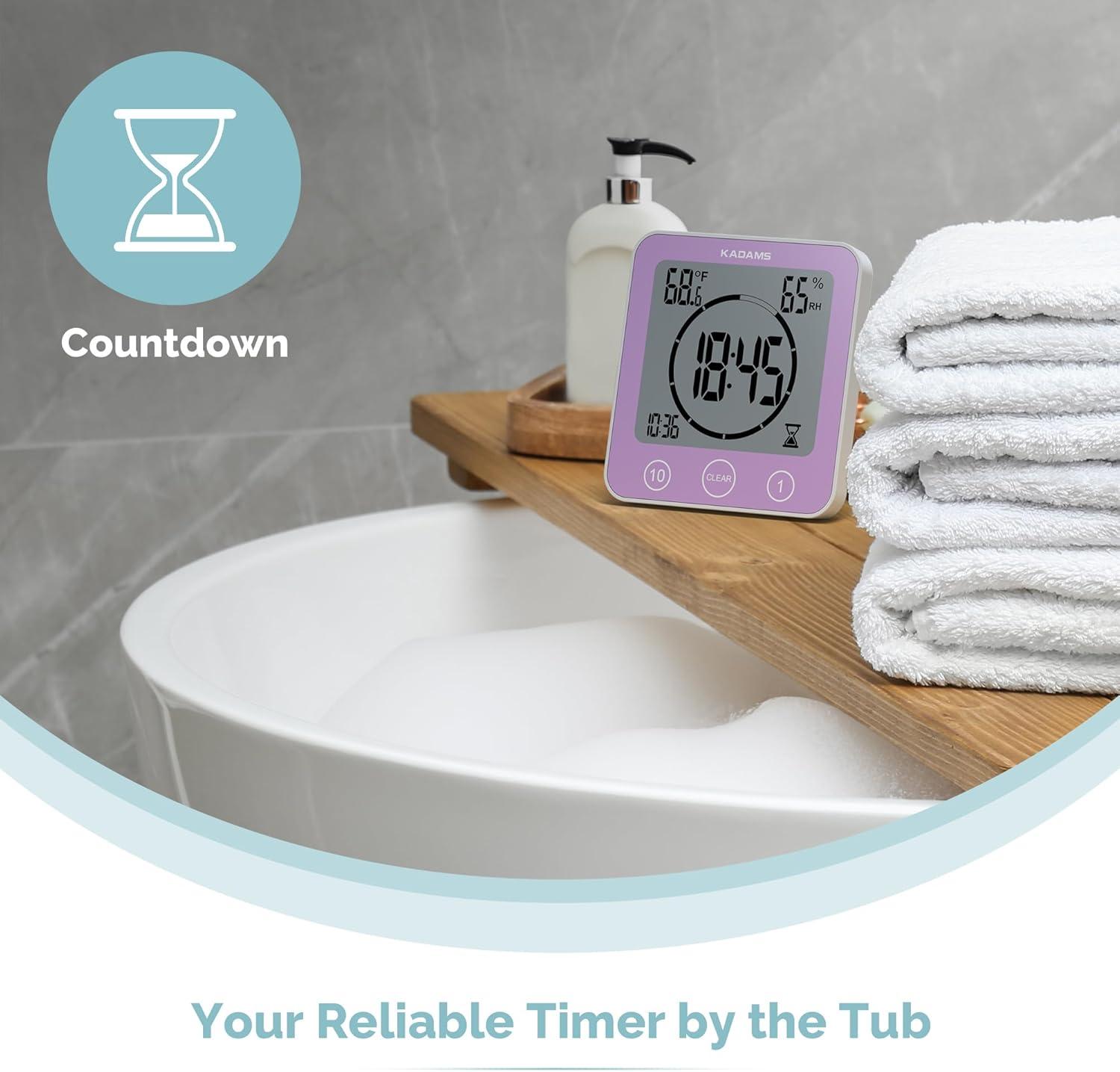 image:imageKADAMS Shower Clock Waterproof Bathroom Timer Digital Wall Clock with Countdown Magnetic Kitchen Clock with Temperature amp Humidity Suction Cup for Kids Shower Spa Cook Bath GreenPurple