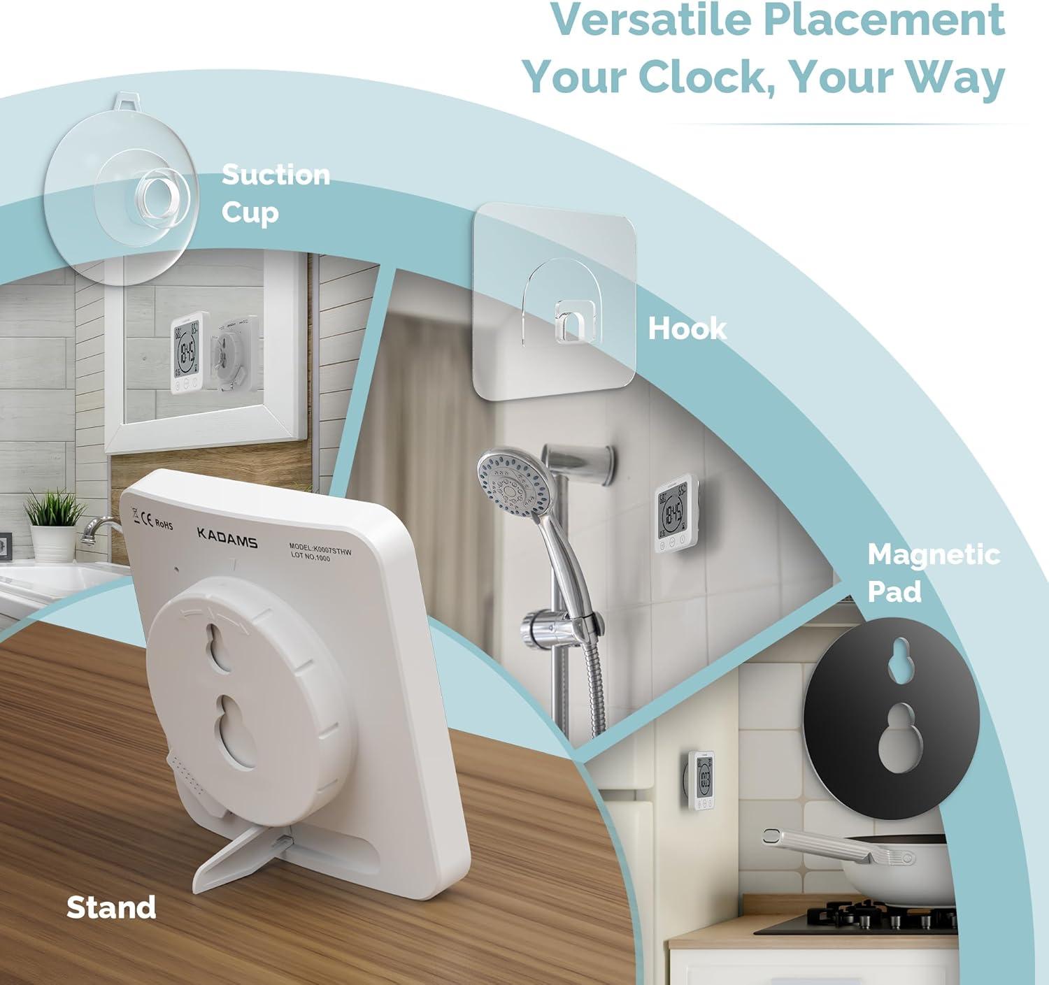 image:imageKADAMS Shower Clock Waterproof Bathroom Timer Digital Wall Clock with Countdown Magnetic Kitchen Clock with Temperature amp Humidity Suction Cup for Kids Shower Spa Cook Bath GreenWhite