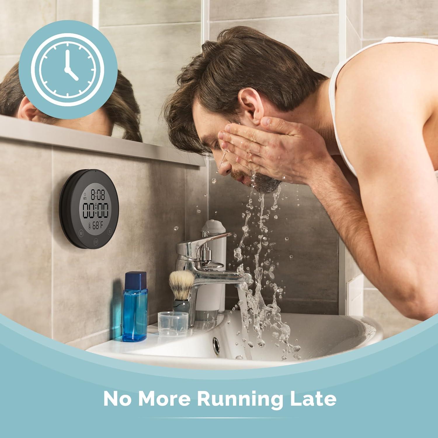 image:imageKADAMS Shower Timer Clock Waterproof Bathroom Timer Digital Wall Clock with Countup Countdown Magnetic Kitchen ClockTimer with Temperature Suction Cup Kids Shower Spa Cook Bath 354 Pearl WhiteBlack