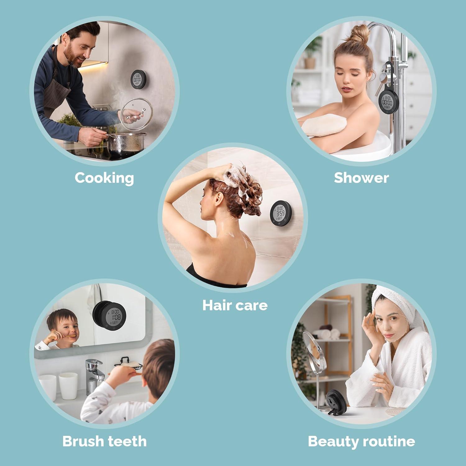 image:imageKADAMS Shower Timer Clock Waterproof Bathroom Timer Digital Wall Clock with Countup Countdown Magnetic Kitchen ClockTimer with Temperature Suction Cup Kids Shower Spa Cook Bath 354 Pearl WhiteBlack