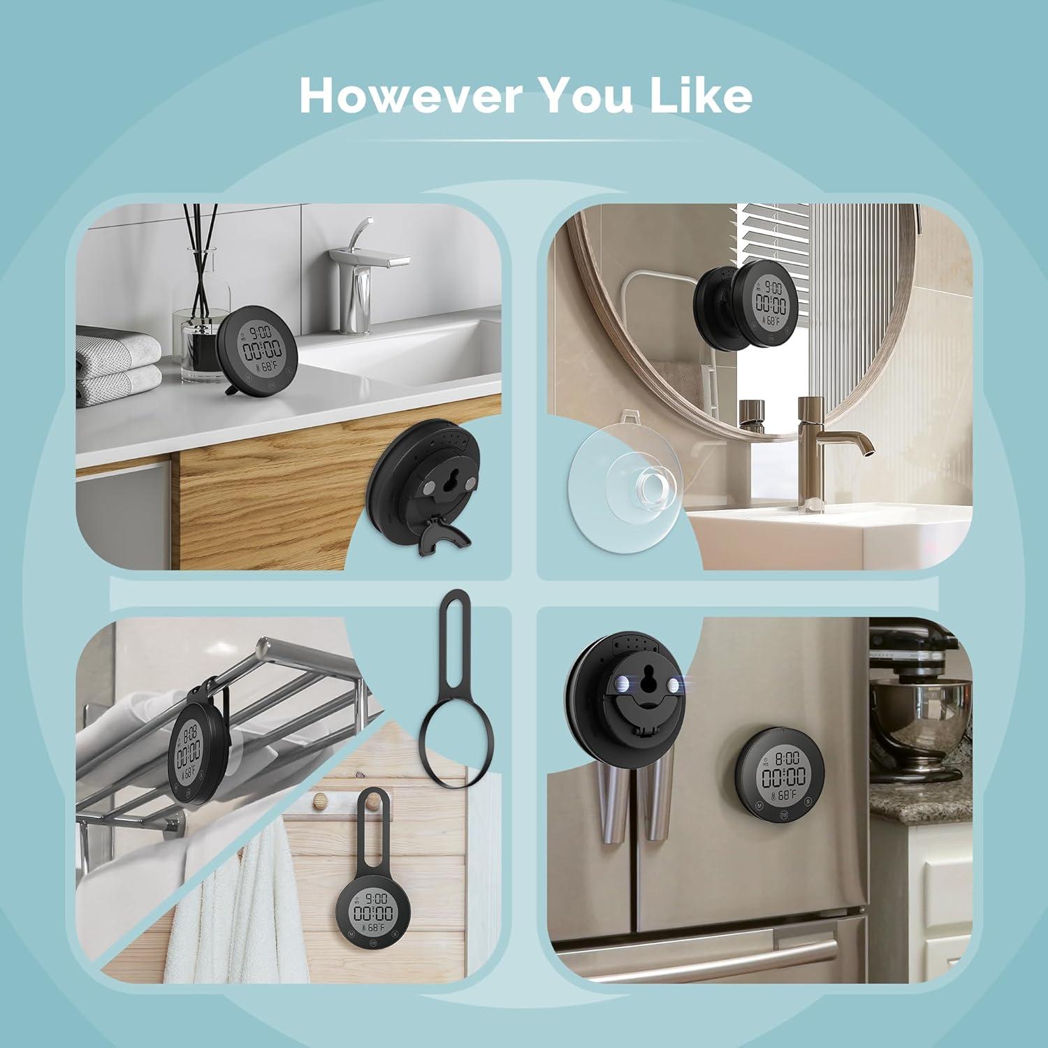 image:imageKADAMS Shower Timer Clock Waterproof Bathroom Timer Digital Wall Clock with Countup Countdown Magnetic Kitchen ClockTimer with Temperature Suction Cup Kids Shower Spa Cook Bath 354 Pearl WhiteBlack