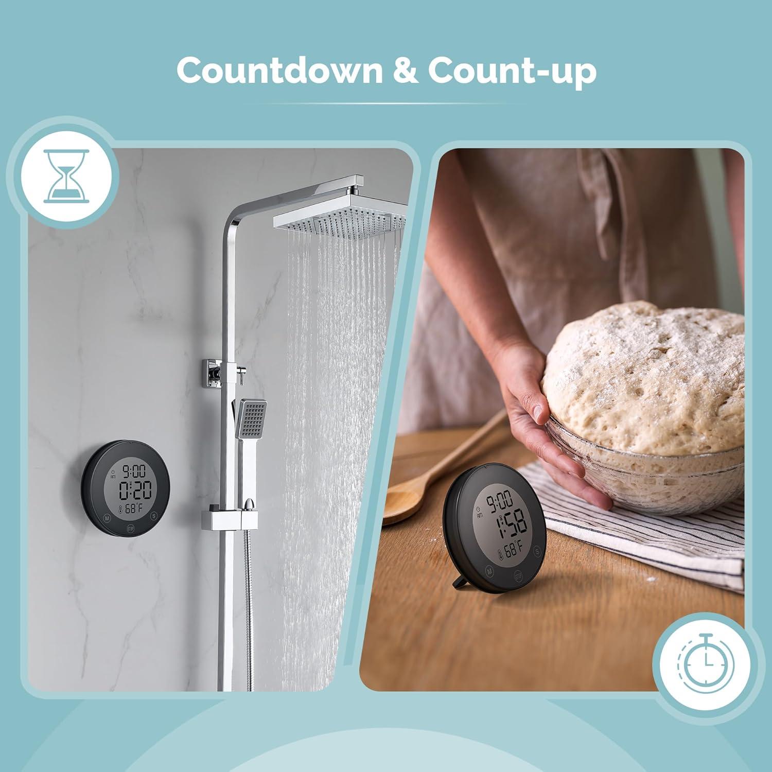 image:imageKADAMS Shower Timer Clock Waterproof Bathroom Timer Digital Wall Clock with Countup Countdown Magnetic Kitchen ClockTimer with Temperature Suction Cup Kids Shower Spa Cook Bath 354 Pearl WhiteBlack