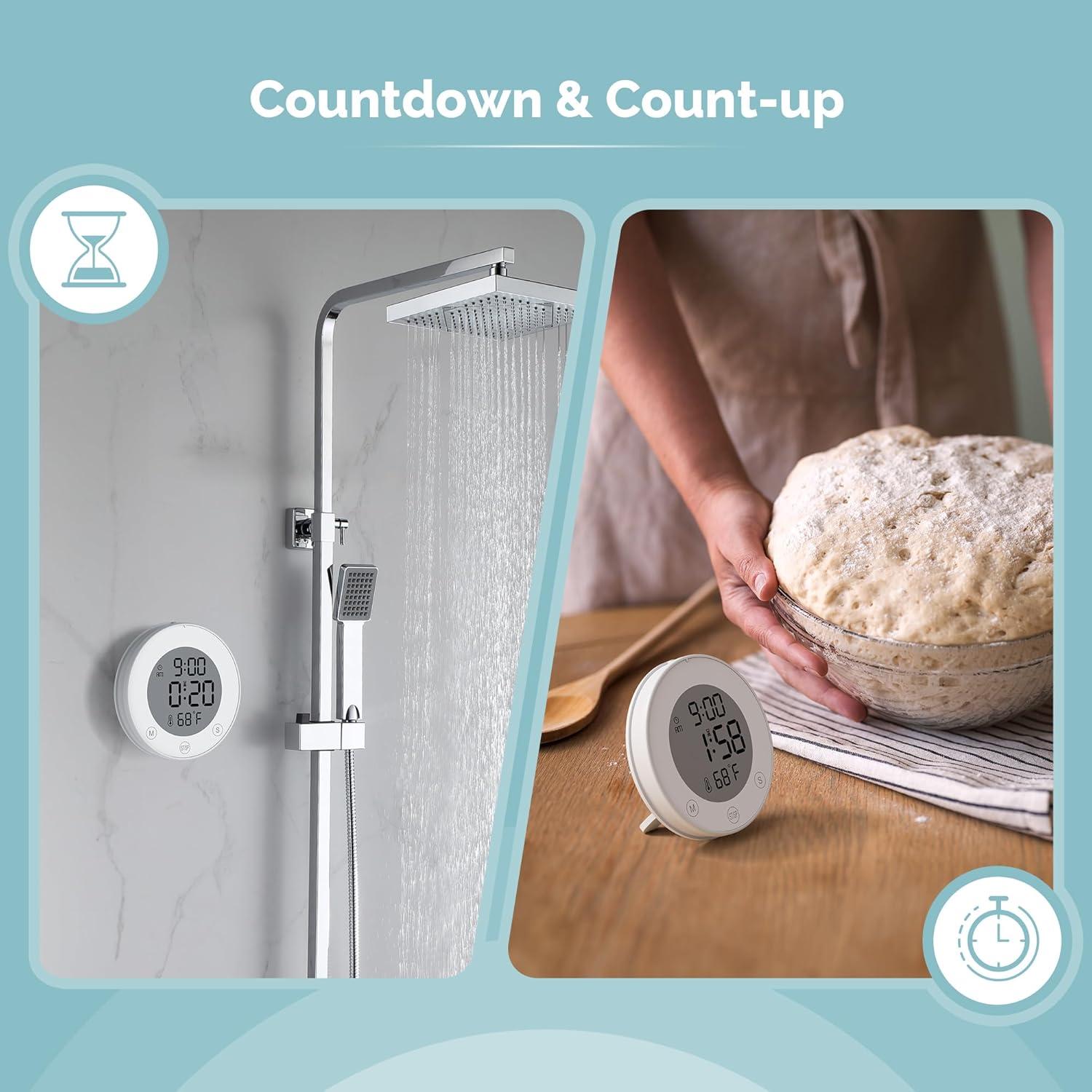 image:imageKADAMS Shower Timer Clock Waterproof Bathroom Timer Digital Wall Clock with Countup Countdown Magnetic Kitchen Timer Clock Temperature Suction Cup Kids Shower Spa Cook Bath Black RectangularWhite