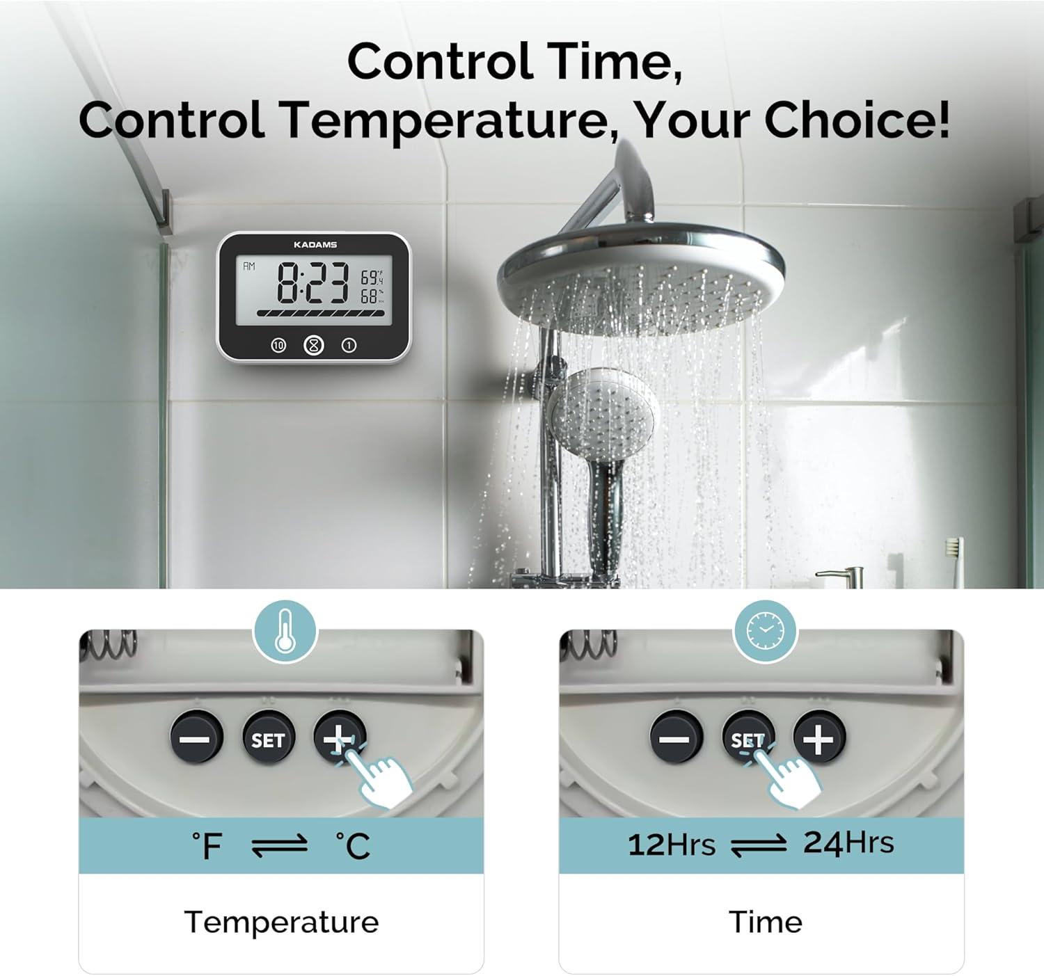 image:imageKADAMS Shower Timer Clock Waterproof Bathroom Timer Digital Wall Clock with Countup Countdown Magnetic Kitchen Timer Clock Temperature Suction Cup Kids Shower Spa Cook Bath Black RectangularBlack