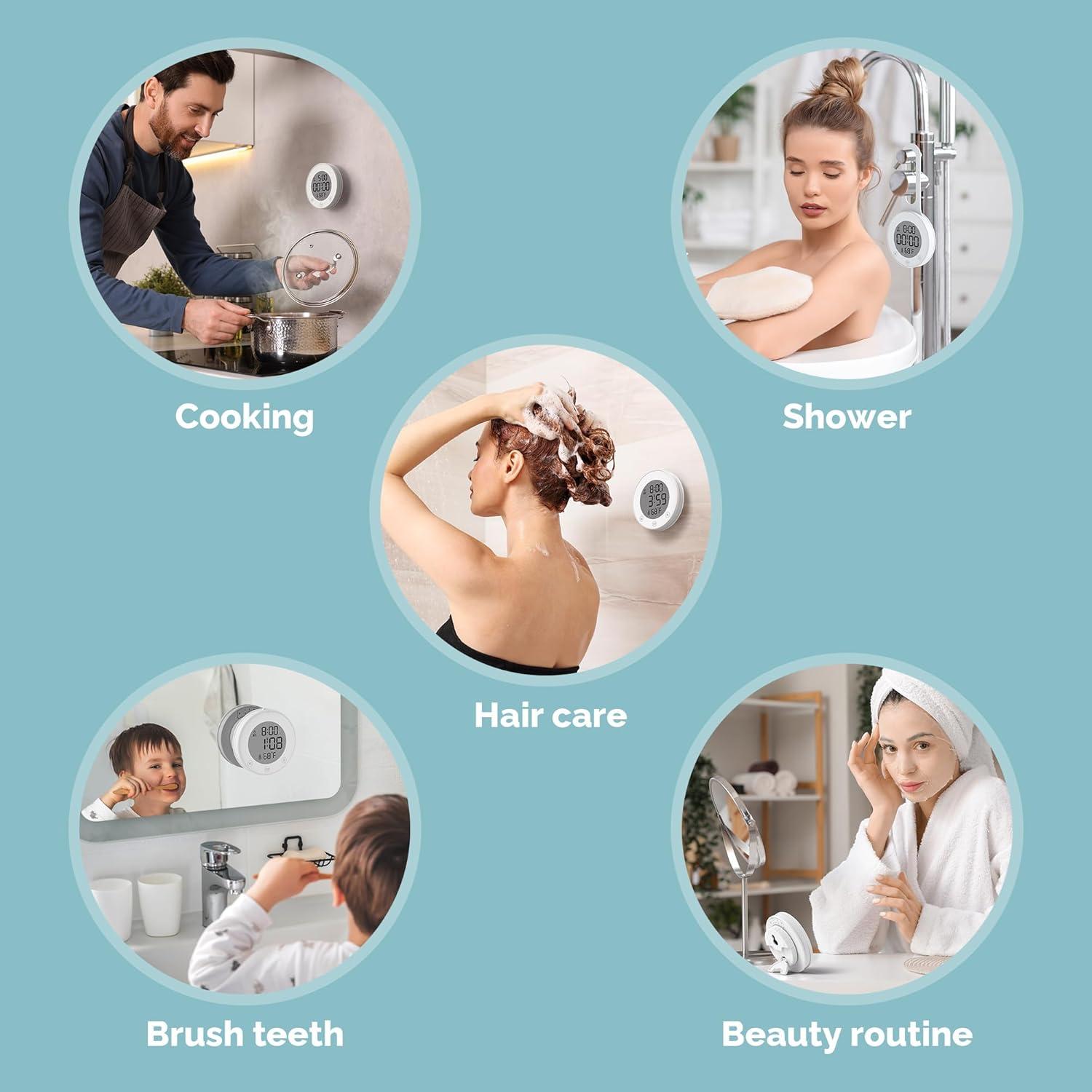image:imageKADAMS Shower Timer Clock Waterproof Bathroom Timer Digital Wall Clock with Countup Countdown Magnetic Kitchen Timer Clock Temperature Suction Cup Kids Shower Spa Cook Bath Black RectangularWhite