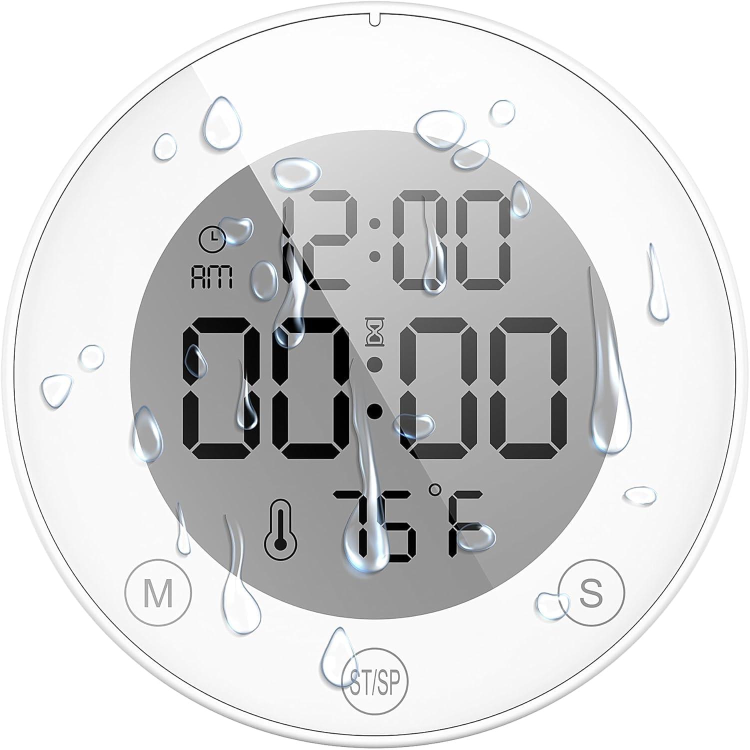 image:imageKADAMS Shower Timer Clock Waterproof Bathroom Timer Digital Wall Clock with Countup Countdown Magnetic Kitchen Timer Clock Temperature Suction Cup Kids Shower Spa Cook Bath Black RectangularWhite