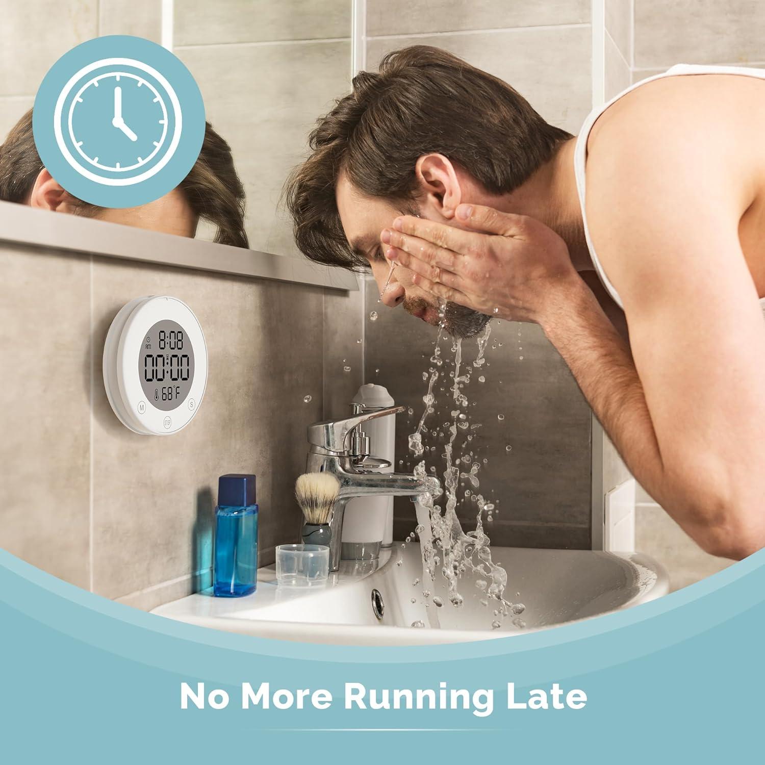 image:imageKADAMS Shower Timer Clock Waterproof Bathroom Timer Digital Wall Clock with Countup Countdown Magnetic Kitchen Timer Clock Temperature Suction Cup Kids Shower Spa Cook Bath Black RectangularWhite