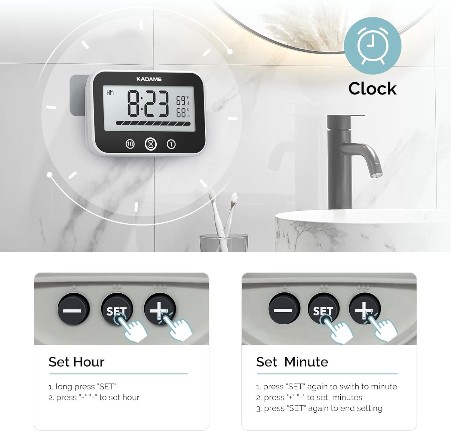 image:imageKADAMS Shower Timer Clock Waterproof Bathroom Timer Digital Wall Clock with Countup Countdown Magnetic Kitchen Timer Clock Temperature Suction Cup Kids Shower Spa Cook Bath Black RectangularWhite