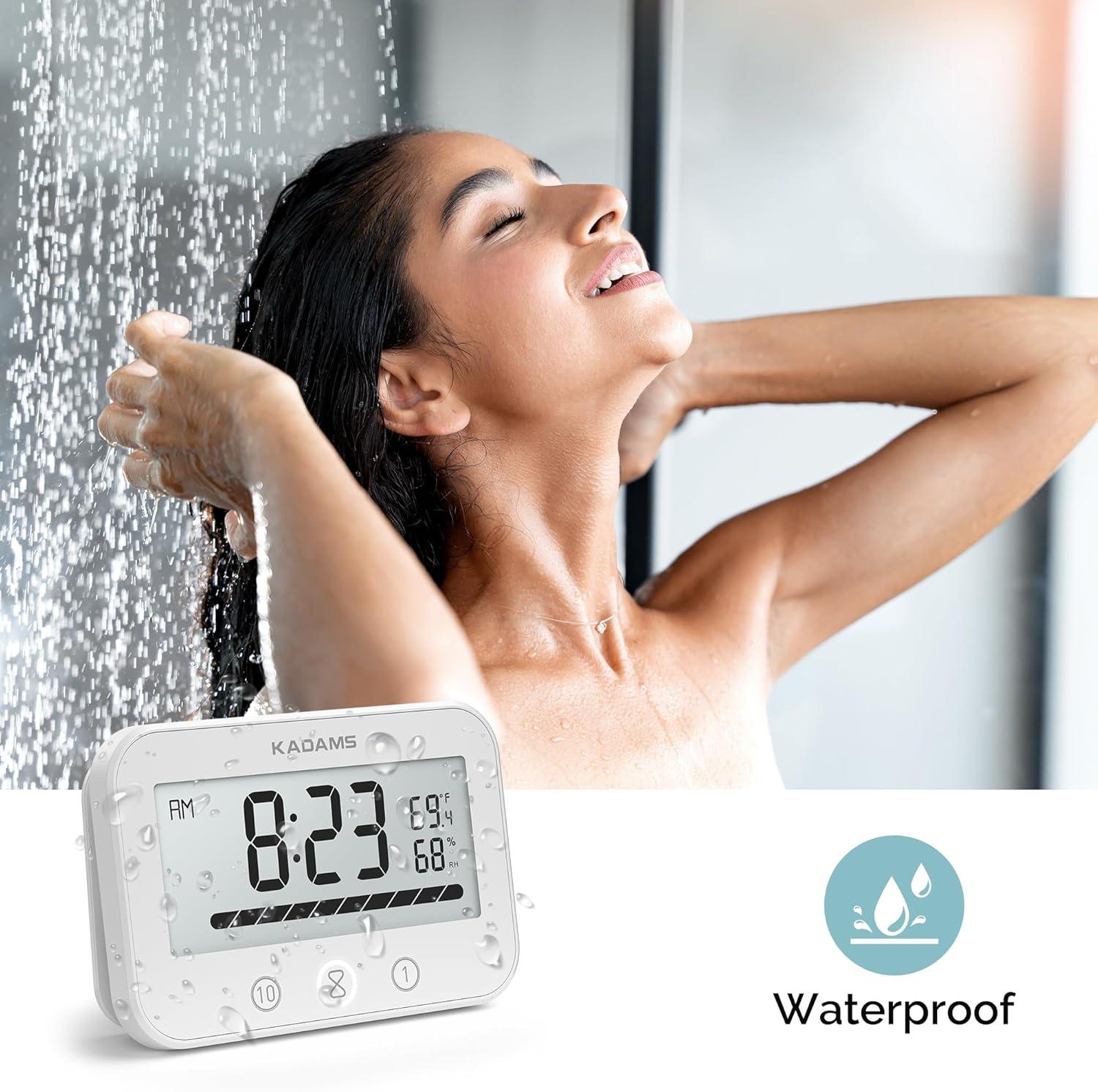 image:imageKADAMS Shower Timer Clock Waterproof Bathroom Timer Digital Wall Clock with Countup Countdown Magnetic Kitchen Timer Clock Temperature Suction Cup Kids Shower Spa Cook Bath Black RectangularWhite