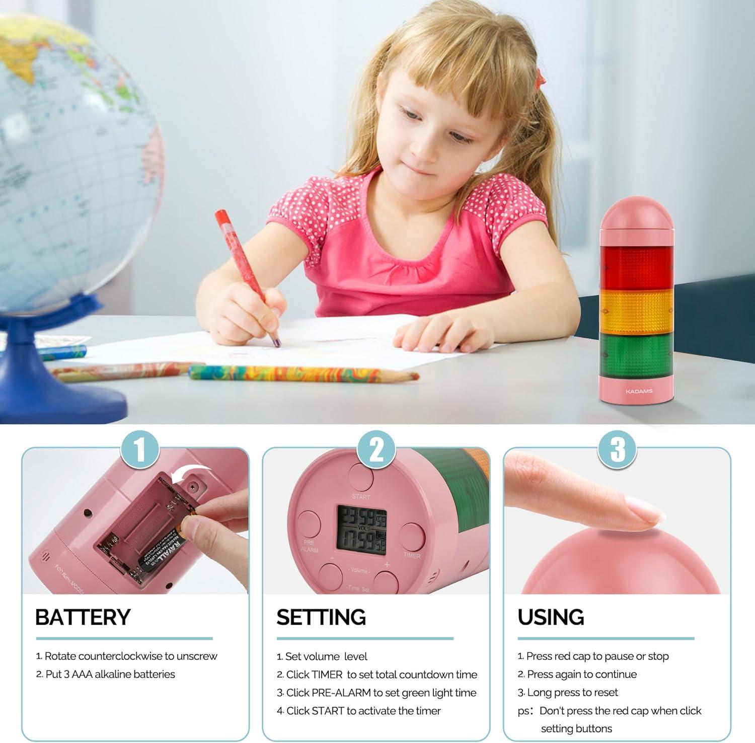 image:imageKADAMS Visual Timer for Kids with Audio PreAlarm Traffic Light Alarm for Kids Toddler Teachers Classroom Home Time Management Tool 24hr Countdown Pause Memory FunctionPink