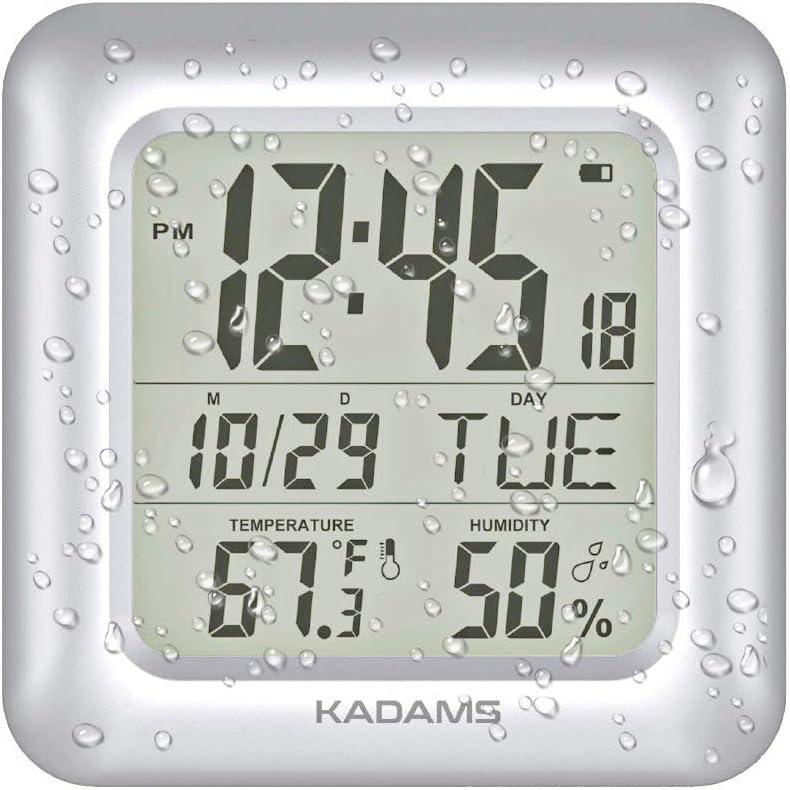 image:imageKADAMS Bathroom Clock 95 Kitchen Wall Clock with Large LCD Screen Shower Clock with Suction CupTemperature Humidity Calendar WaterResistant 4 Mounting Options SilverSilver