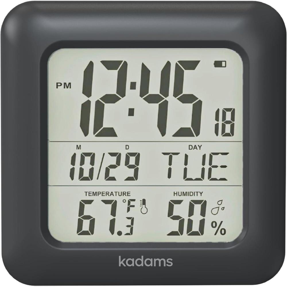image:imageKADAMS Bathroom Clock 95 Kitchen Wall Clock with Large LCD Screen Shower Clock with Suction CupTemperature Humidity Calendar WaterResistant 4 Mounting Options SilverBlack