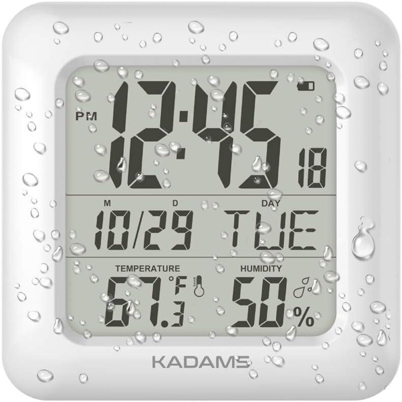 image:imageKADAMS Bathroom Clock 95 Kitchen Wall Clock with Large LCD Screen Shower Clock with Suction CupTemperature Humidity Calendar WaterResistant 4 Mounting Options SilverWhite