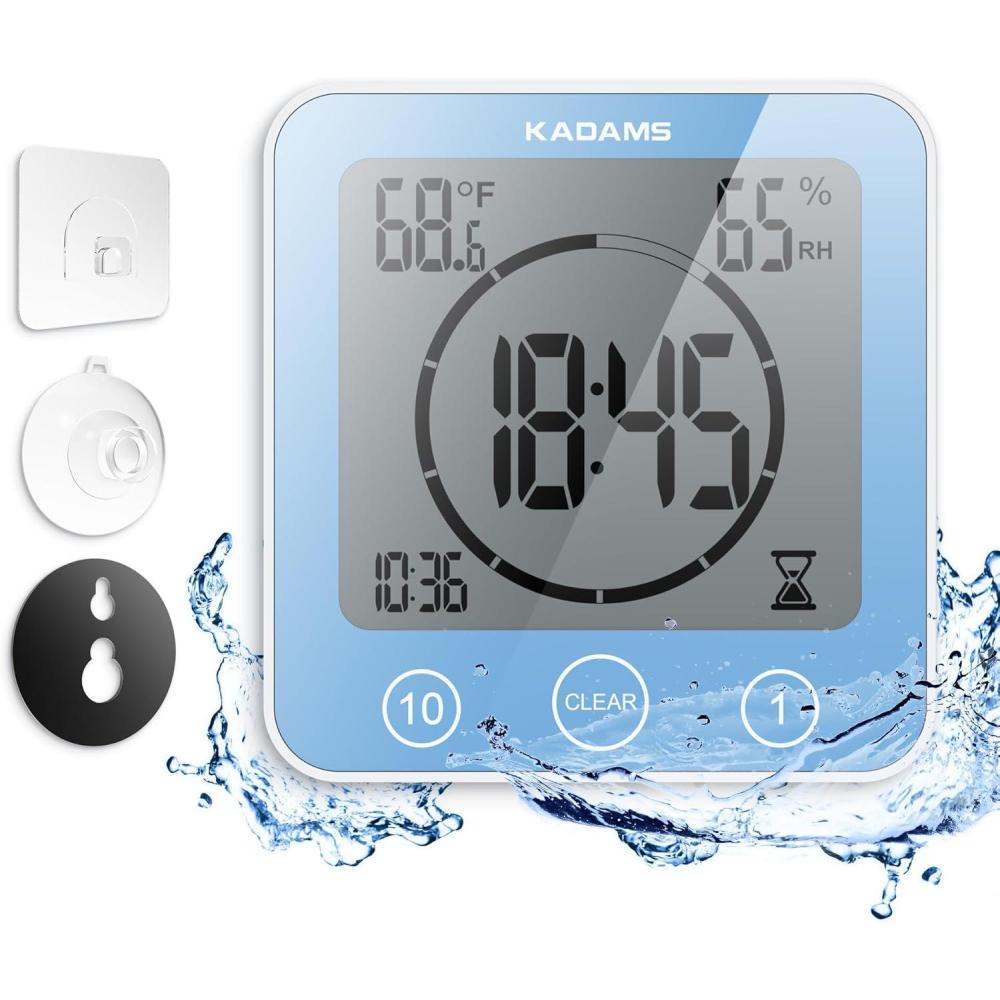 image:imageKADAMS Shower Clock Waterproof Bathroom Timer Digital Wall Clock with Countdown Magnetic Kitchen Clock with Temperature amp Humidity Suction Cup for Kids Shower Spa Cook Bath GreenBlue