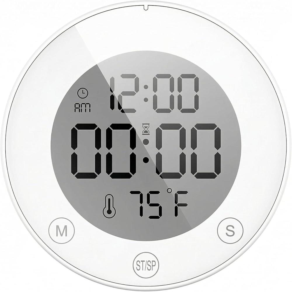 image:imageKADAMS Shower Timer Clock Waterproof Bathroom Timer Digital Wall Clock with Countup Countdown Magnetic Kitchen Timer Clock Temperature Suction Cup Kids Shower Spa Cook Bath Black RectangularWhite