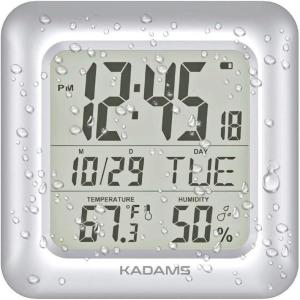image:imageKADAMS Bathroom Clock 95 Kitchen Wall Clock with Large LCD Screen  Shower Clock with Suction CupTemperature Humidity Calendar  WaterResistant 4 Mounting Options SilverSilver