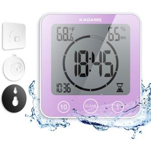 image:imageKADAMS Shower Clock Waterproof Bathroom Timer  Digital Wall Clock with Countdown Magnetic Kitchen Clock with Temperature amp Humidity Suction Cup for Kids Shower Spa Cook Bath GreenPurple